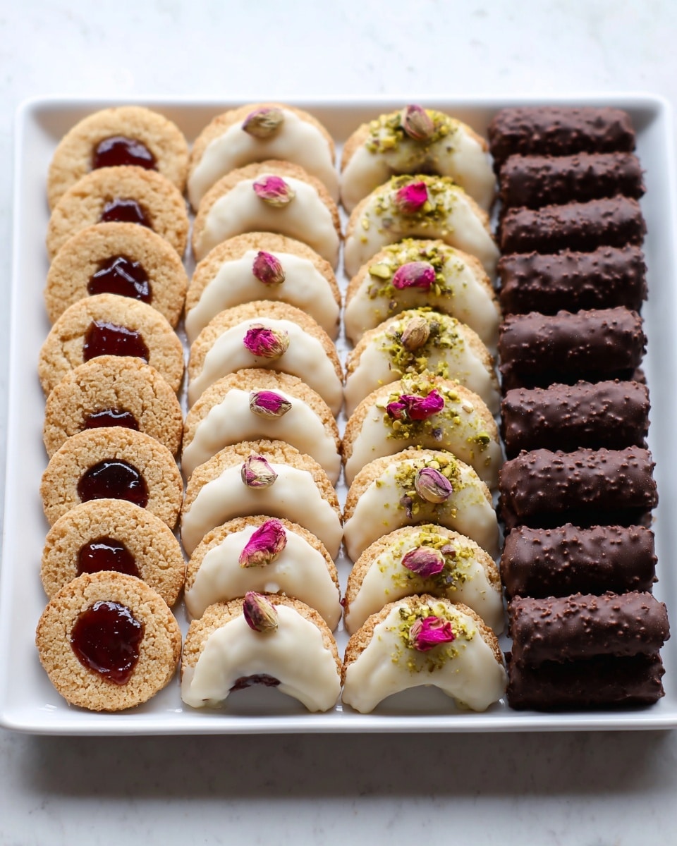 A white rectangular tray holds five neat rows of cookies arranged vertically. The first and fourth rows show round cookies with a light brown crunchy nut coating and a glossy red jam center. The second and fifth rows have semi-circular pale yellow cookies half-dipped in white chocolate, decorated with crushed green pistachios and small pink rose petals on the chocolate side. The middle row consists of dark brown, cylindrical cookies fully covered in chocolate with small nut bits embedded, making them look bumpy. The tray rests on a white marbled textured surface with soft natural light highlighting the details. Photo taken with an iphone --ar 4:5 --v 7