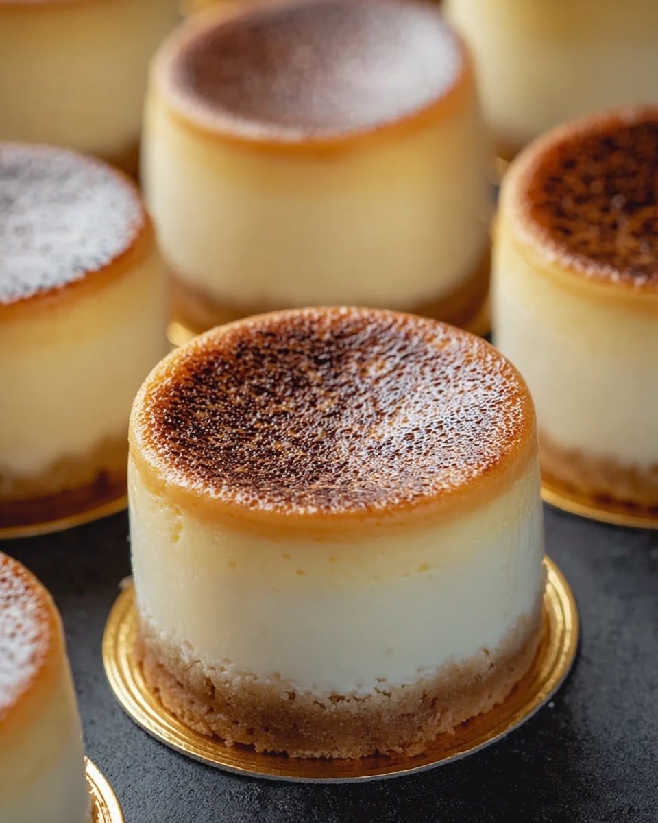 The image shows a close-up view of several small, round cheesecakes arranged closely together on a black surface. Each cheesecake has three distinct layers: a golden brown, slightly domed top with a smooth, slightly speckled texture; a thick, creamy white middle layer that is smooth and firm; and a thin, crumbly light brown base. The cheesecakes are placed on small, round golden cardboard bases that add a reflective shine beneath them. The overall look is neat and inviting, highlighting the contrast between the browned tops and the lighter layers below. photo taken with an iphone --ar 4:5 --v 7