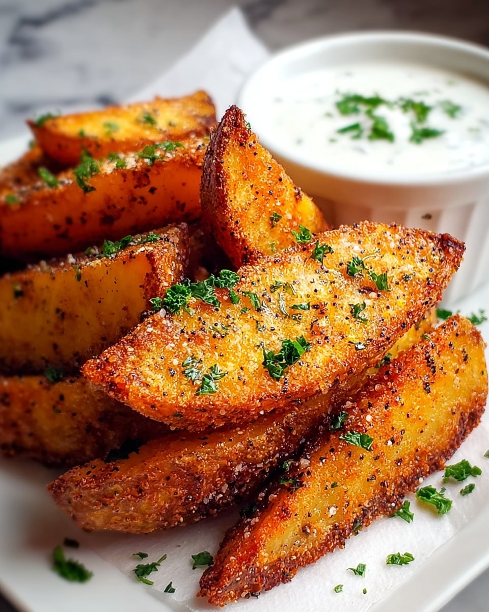 A close-up view shows a pile of golden brown potato wedges with a crispy, slightly charred texture on the outside, each wedge sprinkled with finely chopped green herbs and a light dusting of salt crystals. The wedges form uneven layers, some stacked on top of others, showing their rough, crunchy surfaces and soft yellow interiors. On the side, there is a small white bowl filled with white creamy dip, topped with small green herb pieces. All the food sits on white parchment paper over a white marbled surface. Photo taken with an iphone --ar 4:5 --v 7