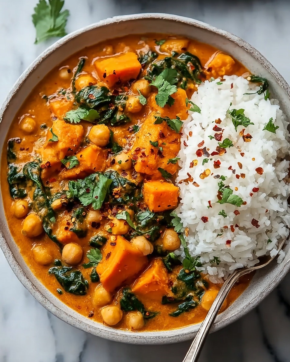 A bowl filled with a thick orange curry containing chickpeas, chunks of orange sweet potato, and dark green spinach leaves, topped with fresh chopped green cilantro. On the left side of the bowl, there is a serving of white rice sprinkled with red chili flakes and black pepper. A silver spoon rests on the right side of the bowl, partially dipped into the curry. The bowl is placed on a white marbled surface. photo taken with an iphone --ar 4:5 --v 7