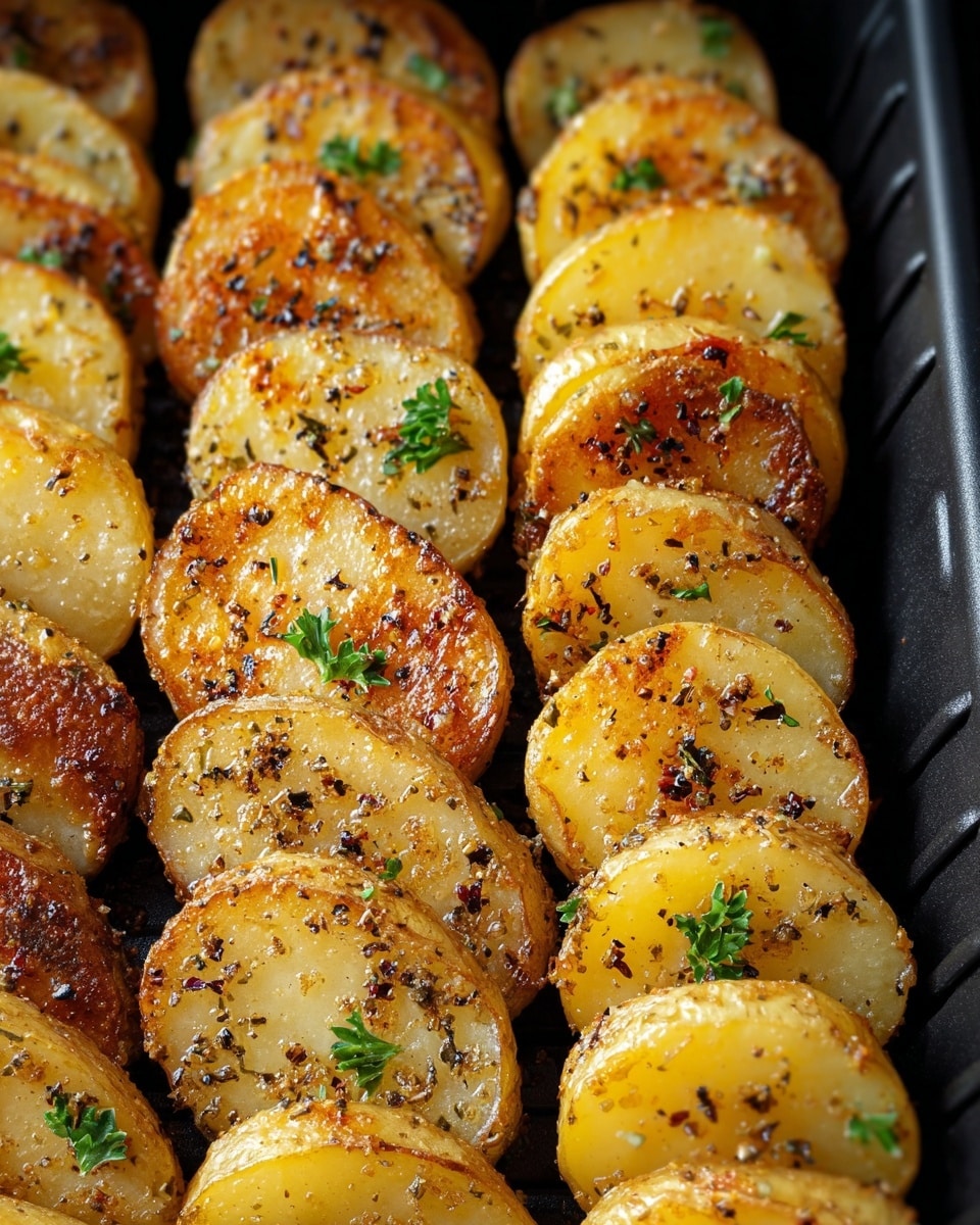 The image shows several rows of thick, round potato slices stacked closely together in a black grill pan. Each potato slice is golden brown with a crispy, slightly charred outer layer, sprinkled with black pepper and small green herbs. The texture looks crunchy on the edges and soft inside, with a light coating of seasoning visible on the bright yellow interior. Small bits of green parsley are scattered on top of the potatoes, adding contrast. The image is focused closely on the potatoes, capturing their detailed texture and crispy edges. Photo taken with an iphone --ar 4:5 --v 7