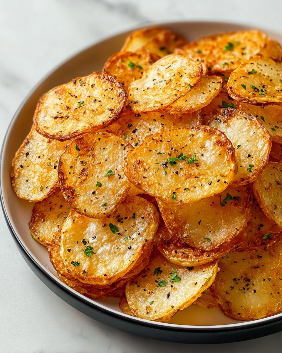 A black bowl filled with a single layer of golden brown roasted potato slices, each slice showing a crispy edge with a soft, slightly translucent center, sprinkled with small black pepper flakes and scattered small green parsley pieces on top, all set on a white marbled texture background photo taken with an iphone --ar 4:5 --v 7