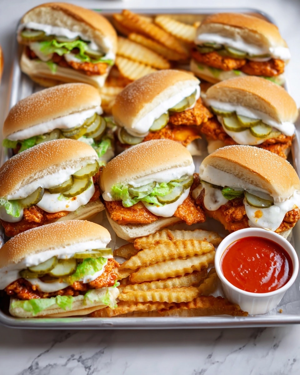 The image shows a tray full of six toasted sandwich buns, each sandwich layered with green leafy lettuce at the bottom, followed by bright green pickle slices, orange-red battered chicken pieces coated in a spicy sauce, and topped with white creamy sauce, all enclosed by the sandwich buns that are golden-brown with a slightly crispy texture and grill marks on top. Around the sandwiches, there are small, golden crinkle-cut potato fries. On the side of the tray, there is a white cup filled with red dipping sauce. The tray sits on a surface with a white marbled texture. photo taken with an iphone --ar 4:5 --v 7