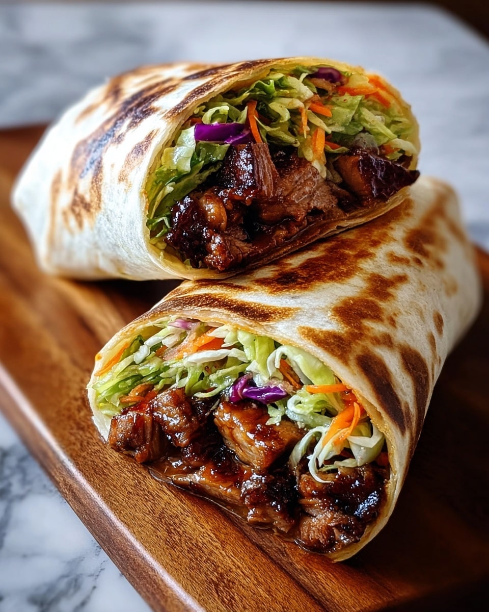 Two grilled wraps placed on a wooden board are shown close up. Each wrap is cut in half, showing three clear layers: the outside is a lightly charred, golden-brown tortilla with darker grill marks; inside, there is a thick layer of dark, glazed grilled chicken pieces, shiny and textured; on top of the chicken, a colorful mix of shredded lettuce, light green cabbage, orange carrot strips, and some purple cabbage adds freshness and crunch. The white marbled texture is the background. photo taken with an iphone --ar 4:5 --v 7