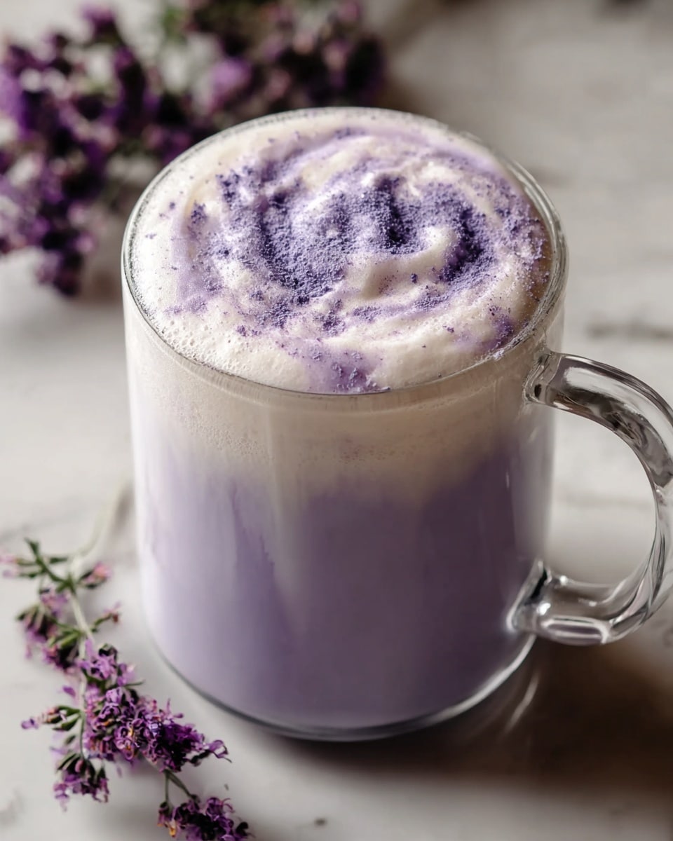 A clear glass mug filled with a smooth, light purple drink forms the bottom layer, topped with a thick, white foam layer that has purple powder lightly sprinkled and swirled on top. The mug sits on a white marbled surface with small sprigs of purple flowers around it, adding a delicate touch to the scene. The glass handle is visible on the right side of the mug. photo taken with an iphone --ar 4:5 --v 7