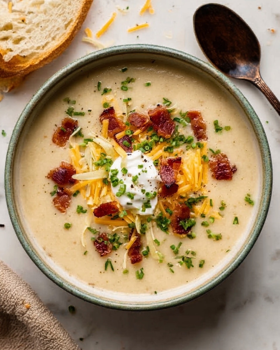 A creamy soup is served in a white bowl placed on a white marbled surface. The soup has a smooth, pale beige base. On the top, there are crispy bacon pieces scattered around, finely chopped green herbs sprinkled evenly, and a small dollop of white sour cream in the center. There are also thin shreds of yellow cheddar cheese layered over the sour cream, adding texture and color contrast. To the left, a piece of bread partly rests on the surface, and a dark wooden spoon is placed on the right side. Photo taken with an iphone --ar 4:5 --v 7