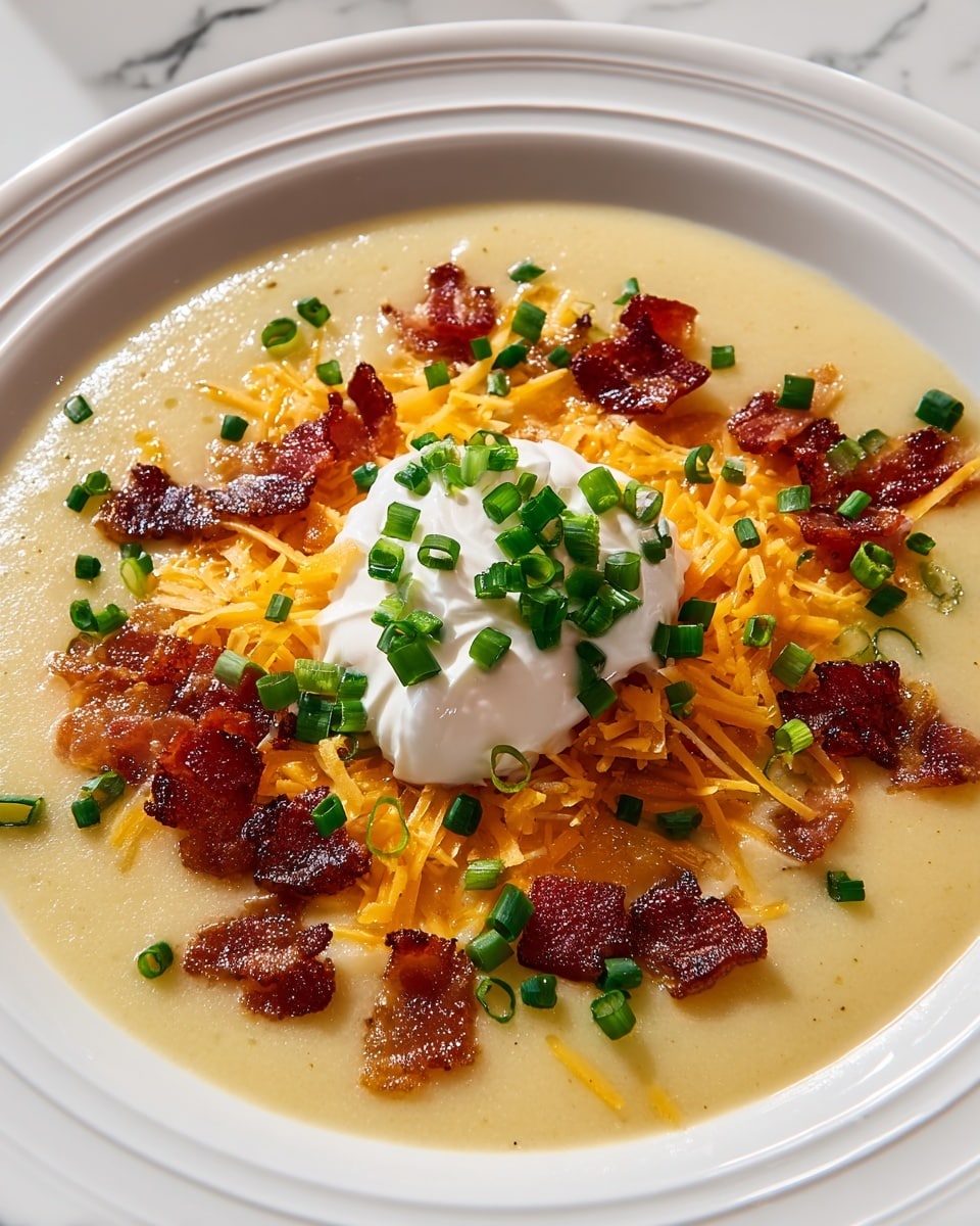 A white plate holds a creamy, pale yellow soup with a smooth texture as the base layer. On top, there is a ring of crispy, dark reddish-brown bacon pieces scattered evenly around the center. A layer of shredded bright orange cheddar cheese lies inside the bacon ring. In the middle, a dollop of white sour cream sits, topped with chopped green onions that add a fresh green color to the dish. The plate is set on a surface with a white marbled texture. photo taken with an iphone --ar 4:5 --v 7