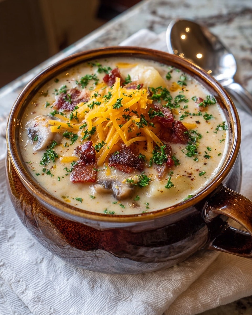 A thick creamy soup serves as the base in a rustic brown bowl with a handle, filled nearly to the top with a pale beige color and visible soft chunks of potato and mushrooms. On the surface, crispy dark reddish-brown bacon pieces are scattered, topped with a small mound of shredded bright orange cheddar cheese. Fresh green parsley bits are sprinkled all over, adding a touch of color contrast. The bowl sits on a white cloth napkin over a white marbled surface, with a silver spoon partially visible to the side. photo taken with an iphone --ar 4:5 --v 7