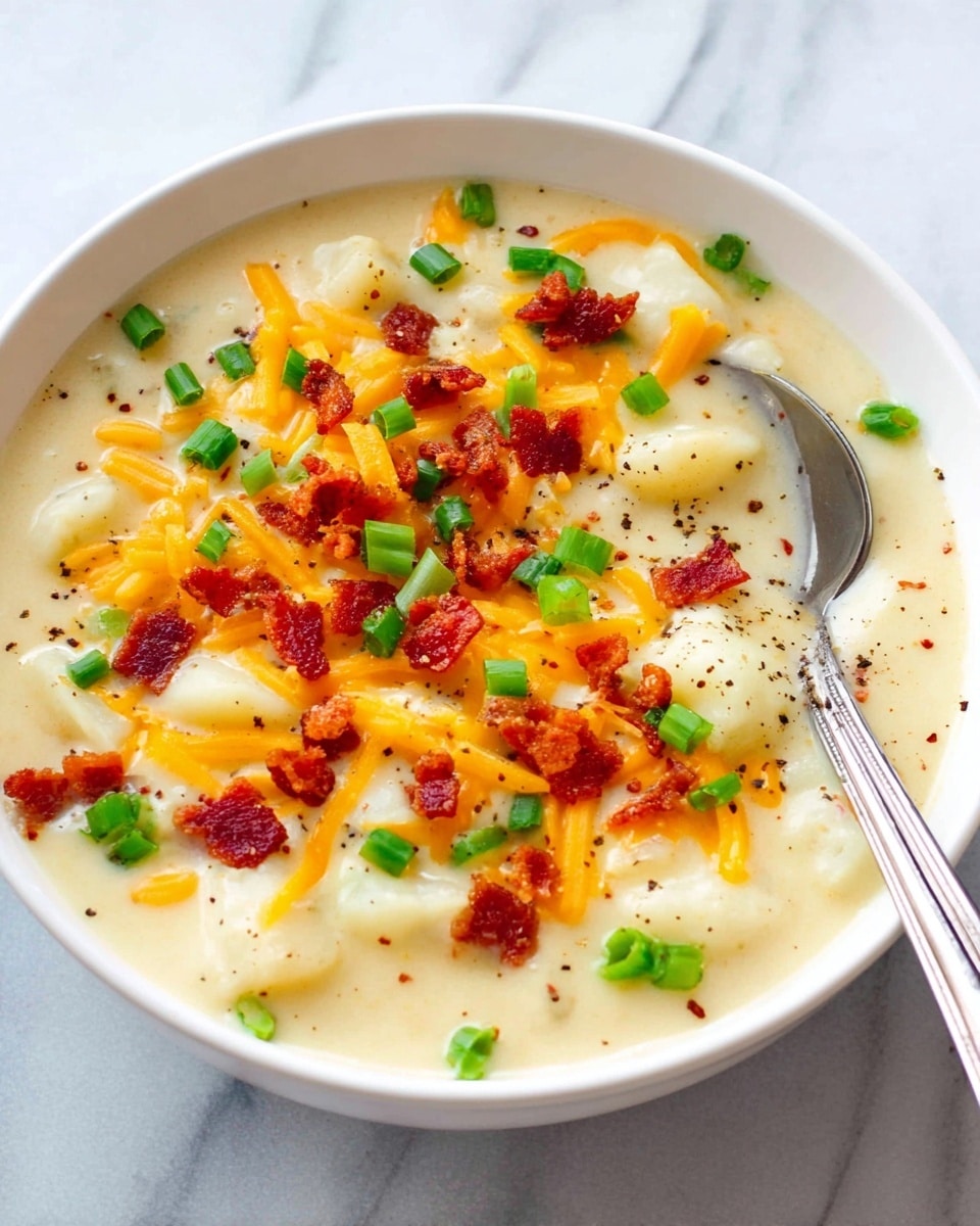 A white bowl filled with creamy, thick potato soup that has a smooth pale yellow layer base mixed with chunky potato pieces throughout. The soup is topped with bright orange shredded cheddar cheese, small crispy reddish-brown bacon bits, and scattered green chopped scallions. A silver spoon is scooping some soup on the right side. The bowl is on a white marbled surface. photo taken with an iphone --ar 4:5 --v 7
