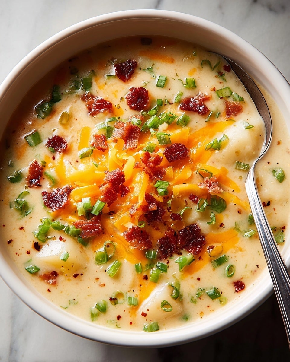 A creamy soup fills a white bowl with a thick pale yellow base, showing chunks of white potato beneath the surface. On top, a generous layer of shredded bright orange cheddar cheese melts slightly, scattered with crispy dark reddish-brown bacon bits. Small green chopped scallions are sprinkled evenly across, adding fresh color and texture contrast to the smooth soup. A silver spoon rests inside the bowl, all placed on a white marbled surface. photo taken with an iphone --ar 4:5 --v 7