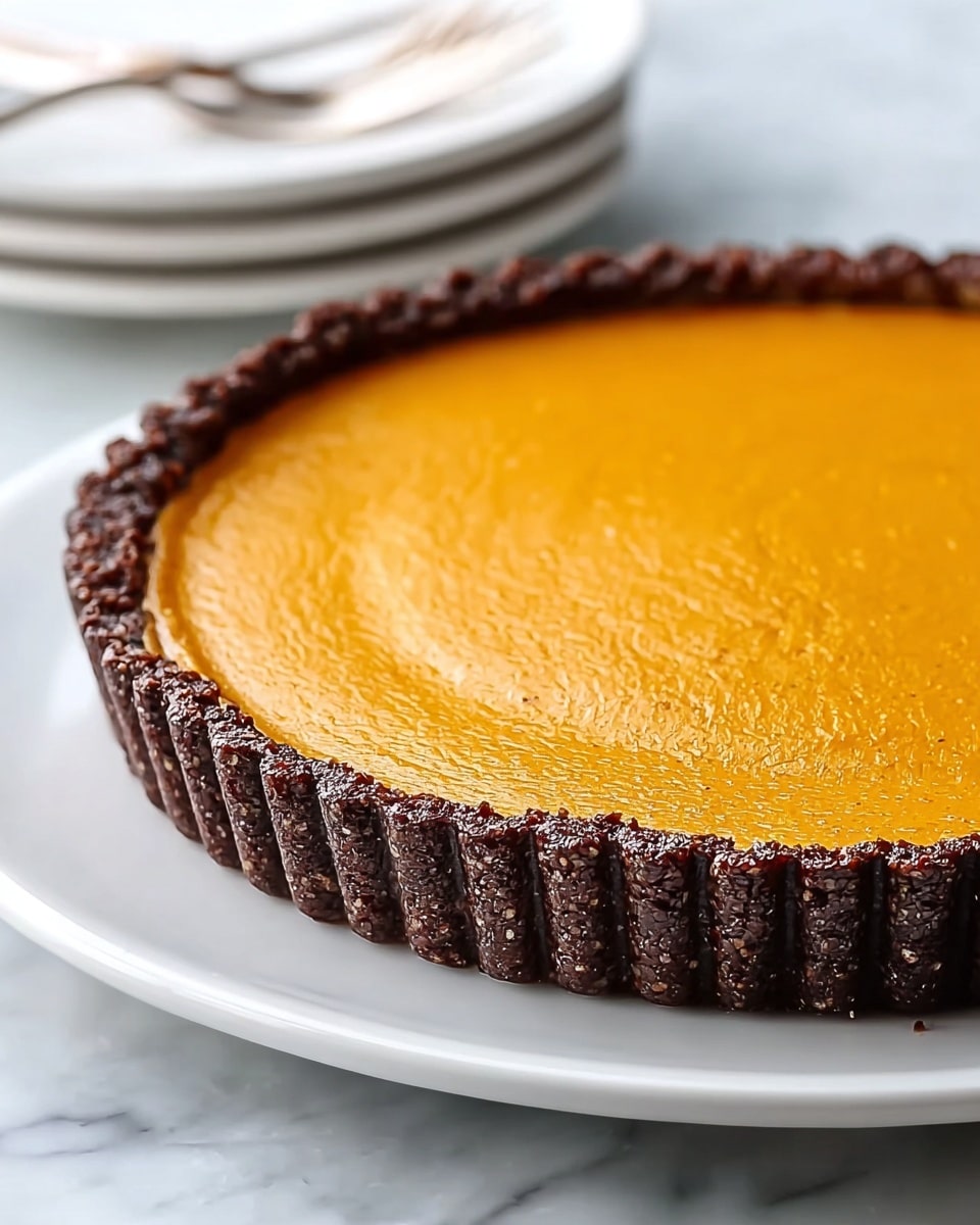 A pumpkin tart with three visible layers: the bottom crust is dark brown and crumbly, made into deep ridges that rise up to hold the smooth, bright orange pumpkin filling that is creamy and even, filling the entire crust up to the edges; the tart is placed on a white plate sitting on a white marbled surface, with soft light highlighting the rich textures and colors. Photo taken with an iphone --ar 4:5 --v 7