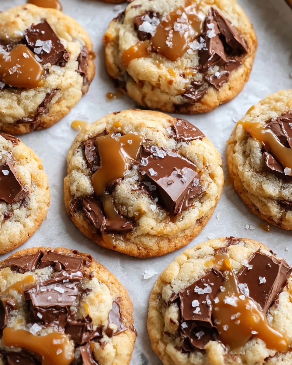 A close-up view of several freshly baked round cookies on white parchment paper, showing a golden-brown base layer with a soft, slightly cracked texture. Each cookie is topped with scattered chunks of dark brown melted chocolate and dollops of smooth, light brown caramel sauce. Small flakes of white sea salt are sprinkled lightly over the cookies, adding texture and contrast. The cookies have slightly raised edges with a softer center, and the background is a white marbled texture. photo taken with an iphone --ar 4:5 --v 7