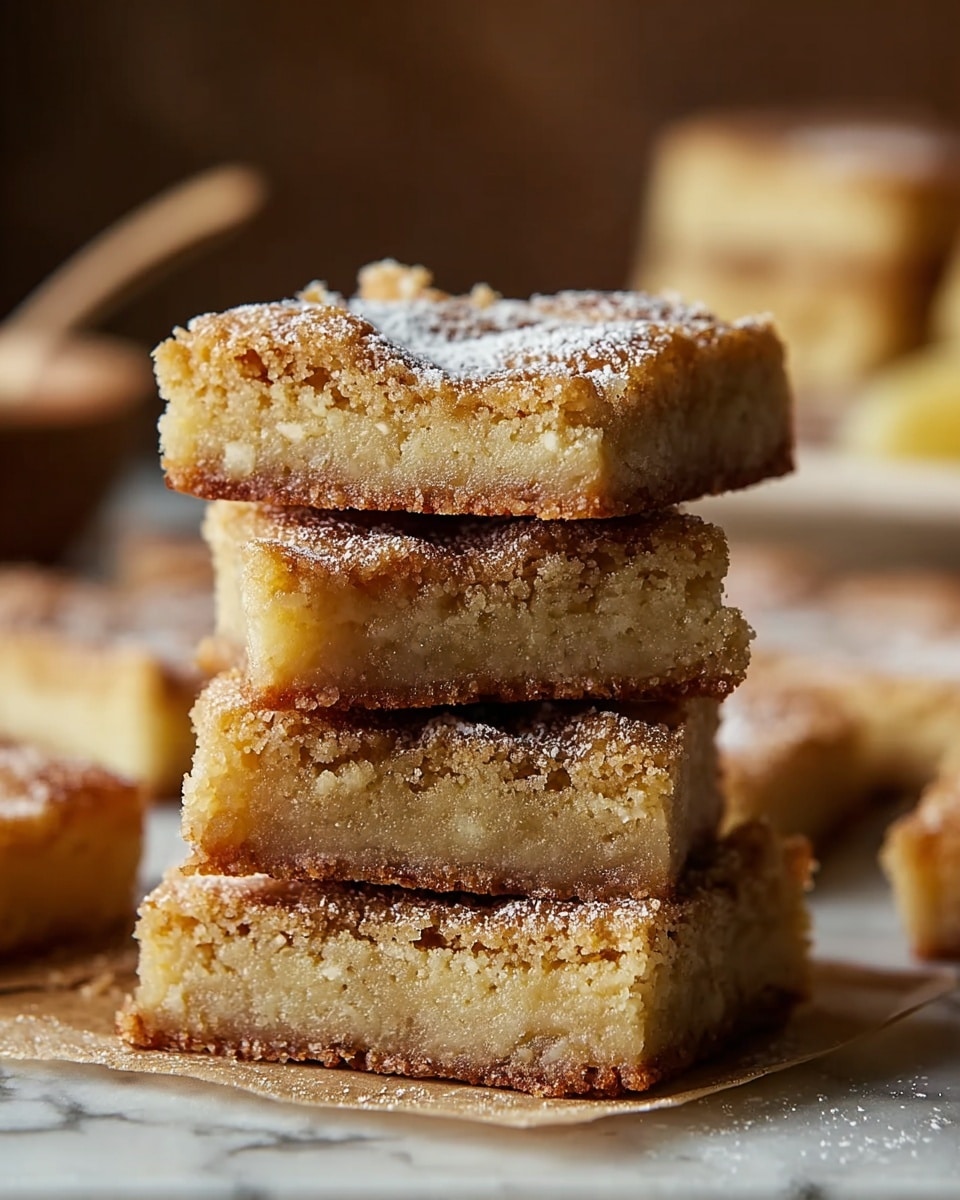 The image shows a stack of four square blondie bars with a crumbly and moist texture. Each blondie has a golden-brown top layer sprinkled lightly with powdered sugar, giving a soft white contrast. The inside layers are a light beige color, showing a dense and moist consistency. The bars are sitting on a piece of parchment paper on a white marbled surface. The background shows blurred pieces of blondies and bakery items, softly lit with warm tones. photo taken with an iphone --ar 4:5 --v 7