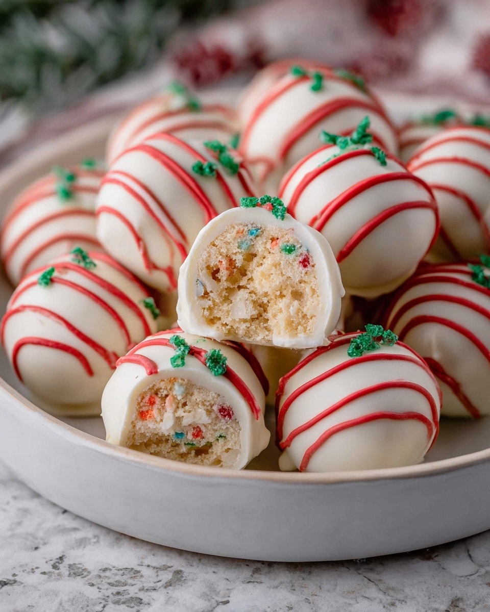 A white bowl filled with round white chocolate-covered balls, each decorated with red diagonal stripes and small green sugar pieces on top. One ball is cut in half, showing a light beige crumbly inside with small colorful bits of red and green. The bowl contains several balls piled closely together with a slightly raised edge. The background is a white marbled texture. photo taken with an iphone --ar 4:5 --v 7