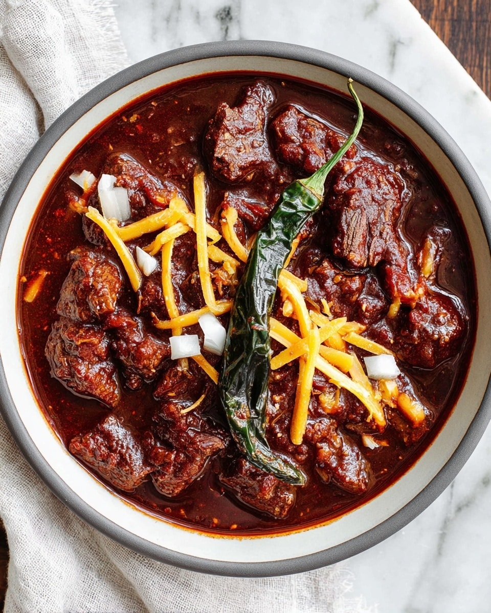 A bowl filled with a rich, thick dark red chili stew with chunks of meat covered in sauce. On top of the stew, there are thin yellow strips of cheese and small pieces of white onion scattered around. A single large dark green roasted chili pepper lies across the top center of the bowl. The bowl is white with a gray rim and it sits on a white marbled surface with a white cloth partially visible on the side. Photo taken with an iphone --ar 4:5 --v 7