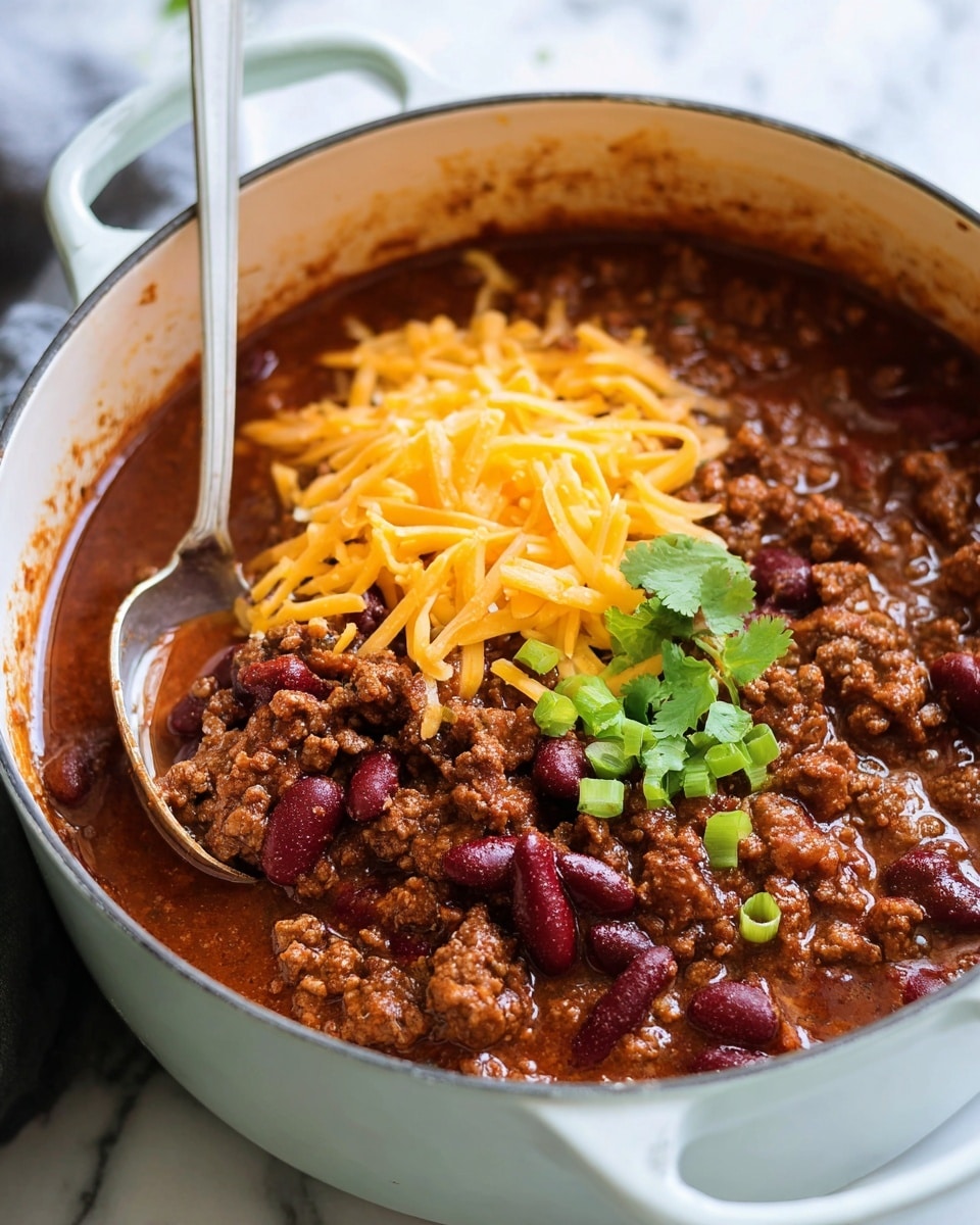 The image shows a white pot filled with chili that has three main layers. The bottom layer is a thick, dark reddish-brown sauce. The middle layer contains ground beef and red kidney beans scattered throughout, adding a chunky and varied texture. On top, there is a small pile of shredded bright orange cheddar cheese with some green chopped scallions and a single cilantro leaf providing a fresh touch. A silver spoon is inside the pot, resting on the food. The background shows hints of a white marbled surface. Photo taken with an iphone --ar 4:5 --v 7
