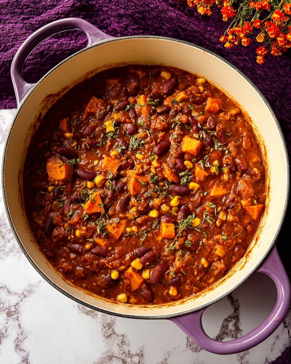 A large white pot with purple handles is filled with a thick, chunky stew showing a mix of brown beans, bright yellow corn kernels, and orange chunks of sweet potato, all mixed in a rich reddish-brown sauce with bits of green herbs sprinkled on top. The stew looks hearty with a textured surface, and the pot is placed on a white marbled surface with a deep purple cloth and small orange flowers in the background. photo taken with an iphone --ar 4:5 --v 7