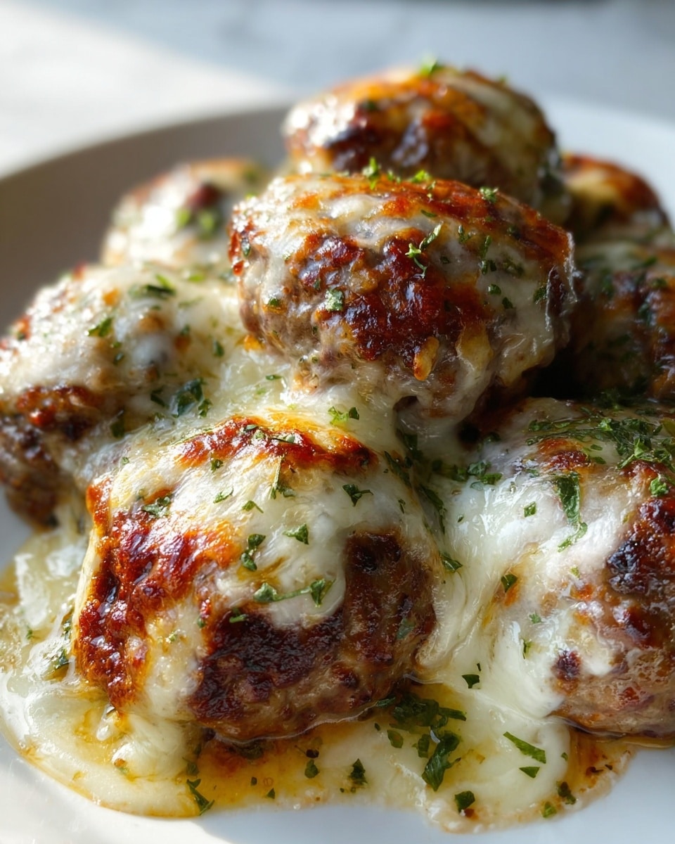 A close-up shot of a white plate with a cluster of browned meatballs covered in melted white cheese that has a golden crust in some parts. The meatballs are topped with small green herb flakes, giving a fresh touch. The melted cheese is thick and oozes around the meatballs, creating a creamy shiny layer that contrasts with the darker, crispy edges of the meat. The background shows a white marbled texture softly blurred to keep the focus on the juicy meatballs. photo taken with an iphone --ar 4:5 --v 7