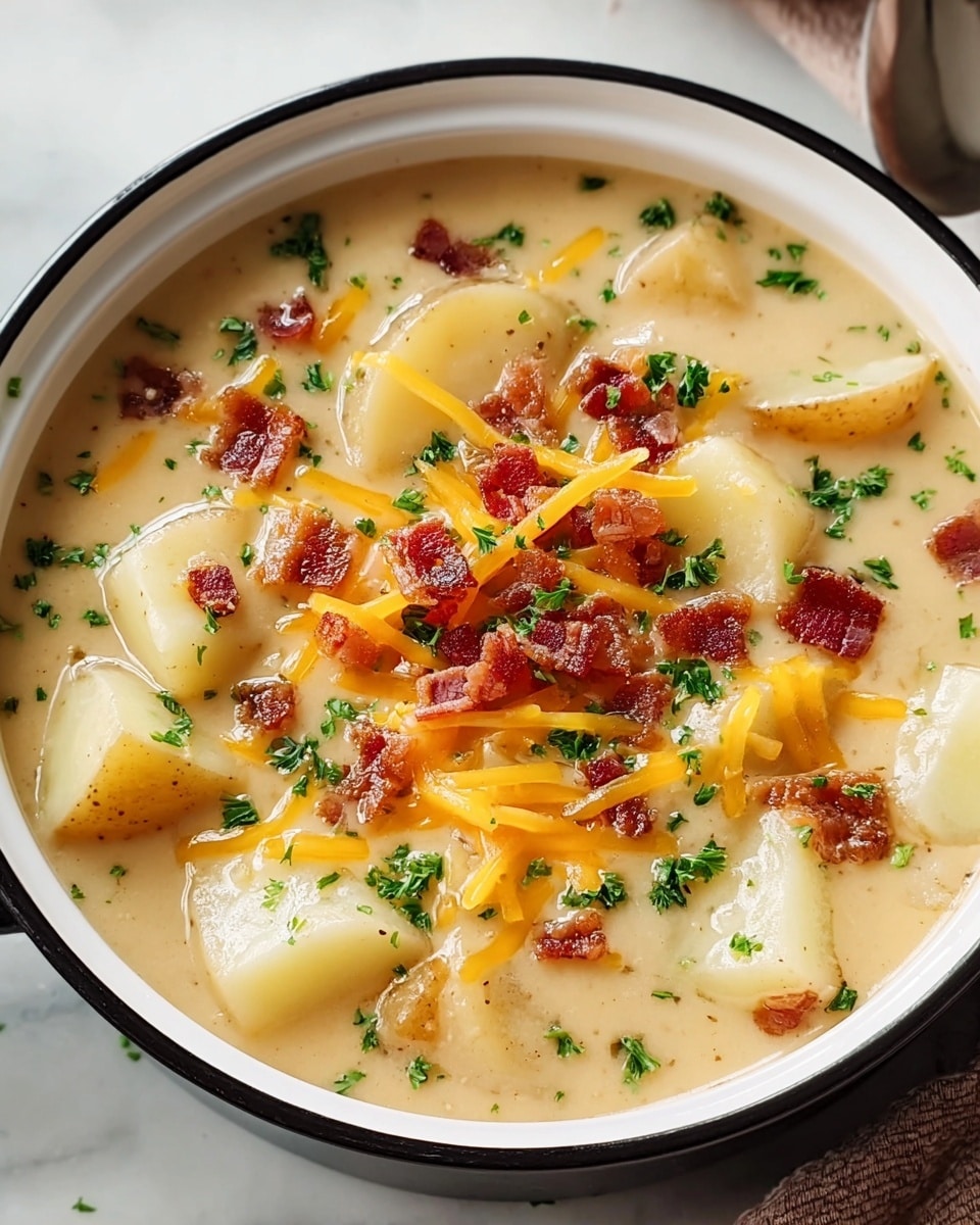 A bowl filled with creamy potato soup sits on a white marbled surface. The soup has several layers starting with a smooth, beige creamy broth at the bottom. On top of the broth, chunky pieces of pale yellow potatoes fill most of the bowl. Scattered over the potatoes are small crispy bits of reddish-brown bacon, sprinkled evenly. Shredded, bright orange cheddar cheese lies melted in thin strands across the top, blending slightly with the cream. Small dark green bits of chopped parsley are dotted lightly over the cheese and bacon, adding a fresh pop of color. The bowl is white with a black rim, giving a simple but elegant look. The photo taken with an iphone --ar 4:5 --v 7