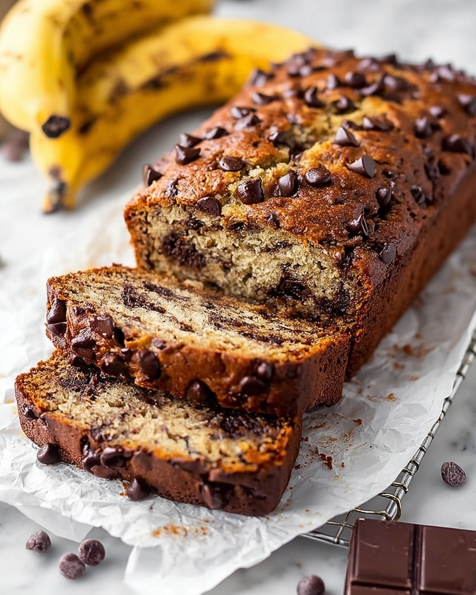 A loaf of banana chocolate chip bread sits on crumpled white parchment paper on a white marbled surface, with three thick slices cut from the front. The bread loaf has a golden brown crust studded with large, glossy chocolate chips on top, some slightly melted. Inside each slice, the bread is moist with a light brown crumb filled with dark chocolate chips evenly spread throughout. In the background, a ripe yellow banana with brown spots rests to the left, and scattered dark chocolate chips and a piece of chocolate bar are in the foreground to the right. A metal cooling rack is partially visible under the parchment. photo taken with an iphone --ar 4:5 --v 7