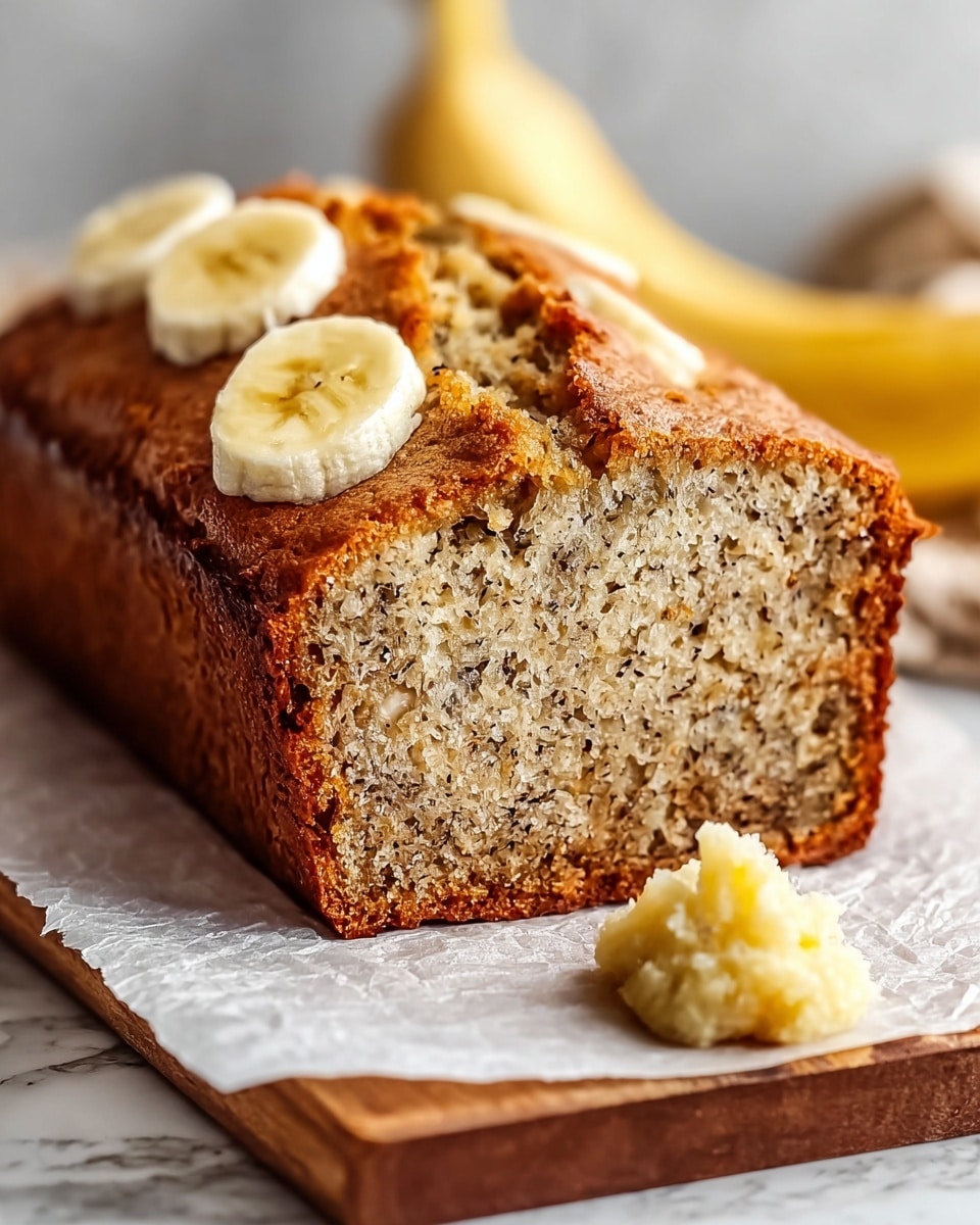 A close-up of a sliced banana bread loaf resting on white parchment paper over a wooden board, showing two thick layers of golden brown crust with a moist, speckled light beige crumb inside; on top, two round, pale yellow banana slices sit beside a small dollop of mashed banana, with a whole banana blurred in the background on a white marbled surface. photo taken with an iphone --ar 4:5 --v 7