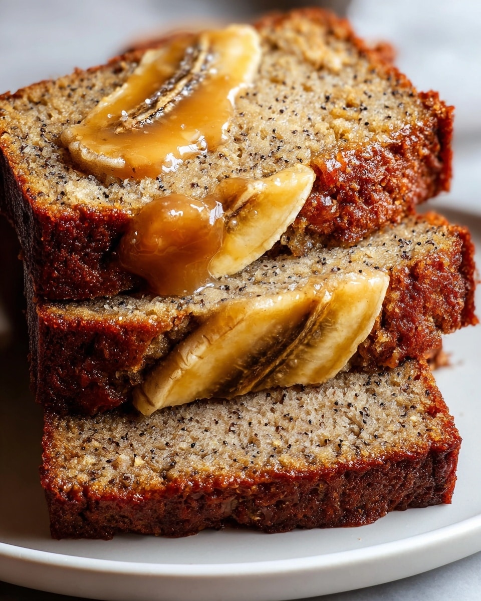 Three slices of moist banana bread are stacked on a white plate placed on a white marbled surface. The bottom slice is thick with a dense texture, light brown with small dark specks inside, showing a moist crumb with a slightly darker crust. On top of it, a second slice has a shiny glazed banana slice lying horizontally across it, with the banana's creamy yellow color and brown spots visible, adding texture contrast. The top slice also shows part of a banana slice embedded in the bread near the crust, with a caramel glaze dripping slightly over the surface, giving a glossy look. The overall image has warm brown and yellow tones with a fresh, homemade feel. Photo taken with an iphone --ar 4:5 --v 7