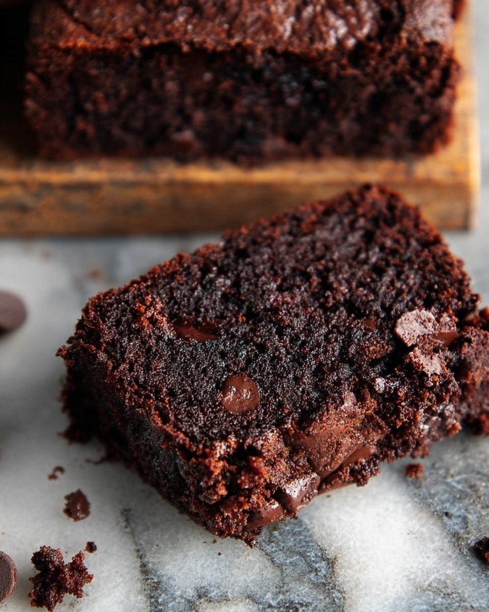 A close-up view of a thick, dark brown chocolate brownie square with a moist and crumbly texture, showing visible melted chocolate chips scattered throughout. The brownie is placed on a surface with a white marbled texture, and a few small crumbs are scattered around it. At the top of the image, there is a rectangular piece of the same brownie resting on a wooden board. The scene highlights the rich, dense, and slightly glossy surface of the brownie. Photo taken with an iphone --ar 4:5 --v 7