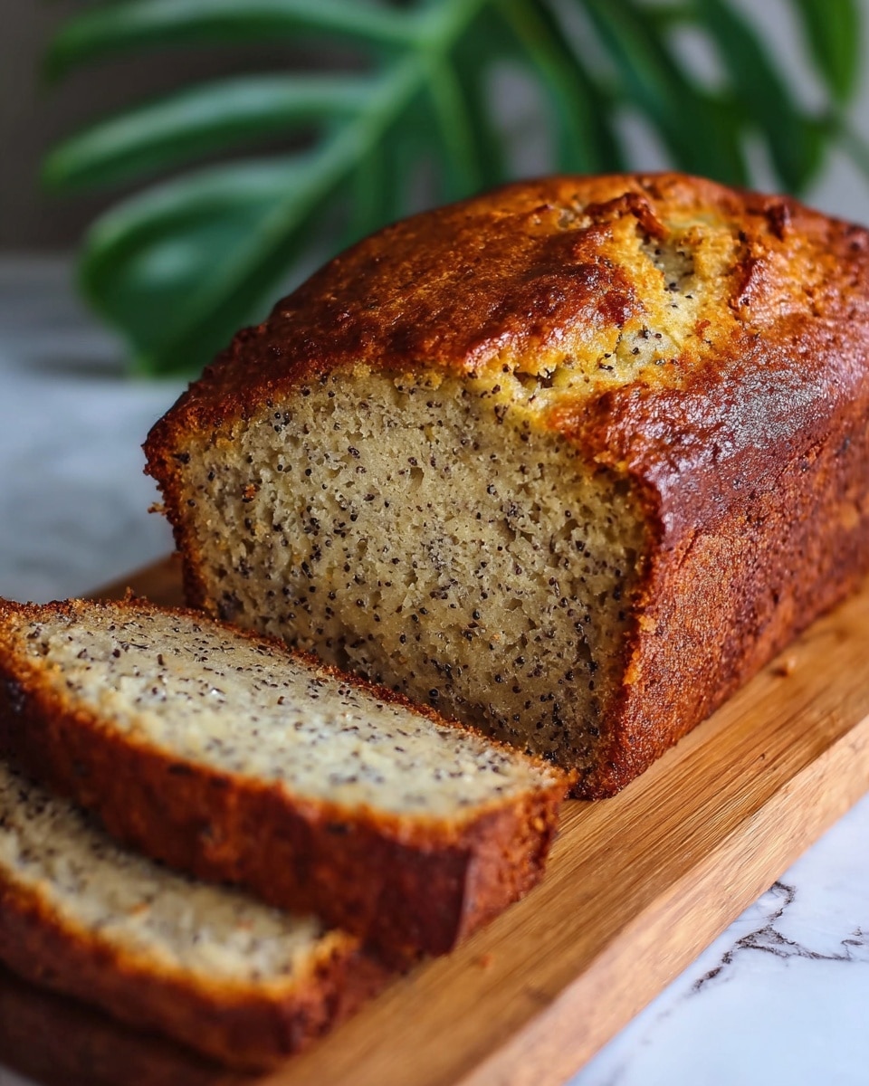 A loaf of banana bread with a dark golden brown crust and a moist, light beige interior speckled with small black spots, indicating ripe banana and seeds, placed on a wooden board. Two slices are cut from the loaf and laid down at the front, showing the soft texture inside, while the loaf itself stays intact behind. The background has green leaves blurred softly, and the surface is a white marbled texture. photo taken with an iphone --ar 4:5 --v 7