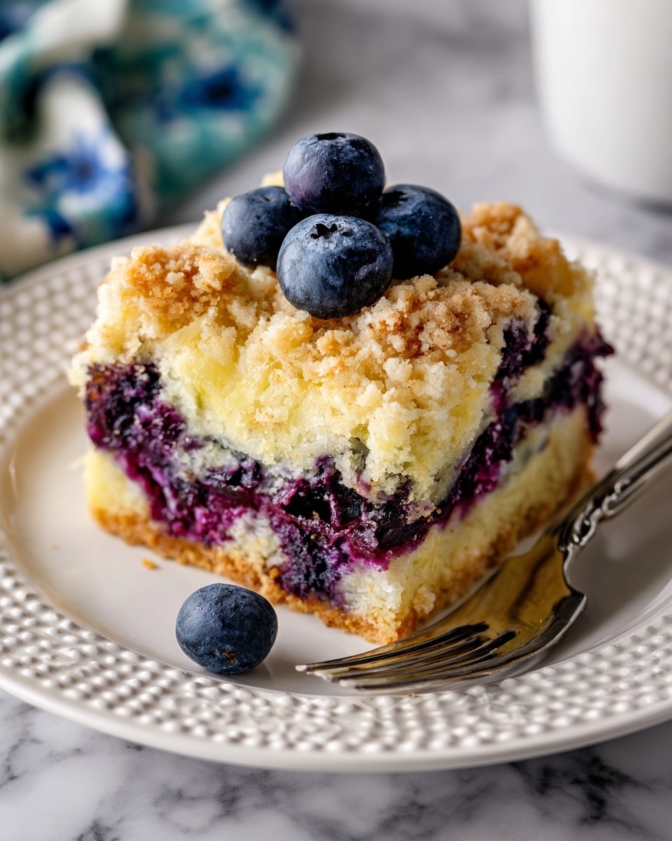 A piece of crumb cake with three fresh blueberries on top sits on a white plate with a raised dot pattern around the edge. The cake has three visible layers: a golden brown crumbly top layer, a light yellow moist cake layer with scattered dark purple blueberries inside, and a bottom layer that appears dense with blueberries. A fork with a portion of cake and blueberry filling rests on the plate's edge. The background shows a white marbled surface with a hint of a blue and white cloth. photo taken with an iphone --ar 4:5 --v 7