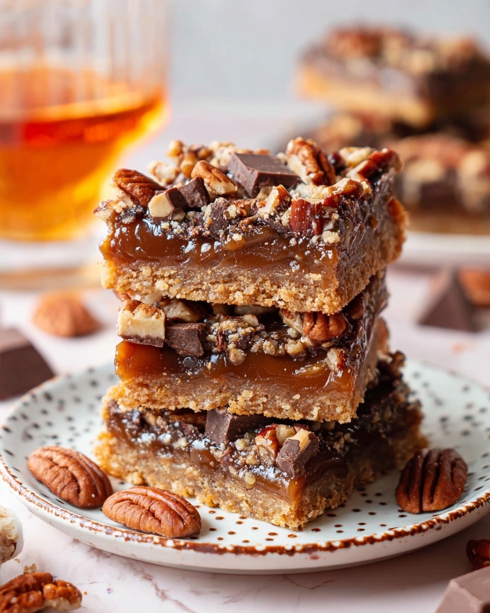 A stack of three square dessert bars with three visible layers: a bottom layer of light brown, crumbly crust, a middle layer of gooey, dark caramel filling with some crunchy texture, and a top layer covered with whole pecans and dark chocolate chunks, all glossy and sticky. The bars are placed on a white plate with a brown dotted edge, scattered with whole pecans and chocolate chunks around them. The background is a white marbled texture with a blurred glass of amber liquid in the distance. photo taken with an iphone --ar 4:5 --v 7