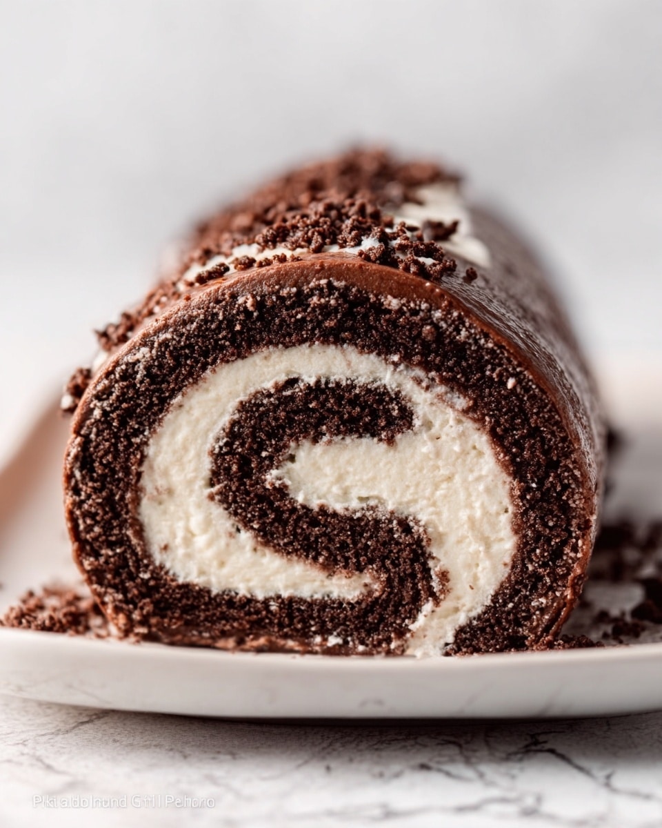 A close-up image of a chocolate Swiss roll cake slice placed on a white plate, showing multiple layers: the outer layer is dark brown and soft with a slightly rough texture, the inner swirl layer is creamy white and smooth, rolled tightly to form a spiral pattern. The cake is topped with small chocolate crumb sprinkles adding a rough texture on top. The background is a white marbled texture. Photo taken with an iphone --ar 4:5 --v 7