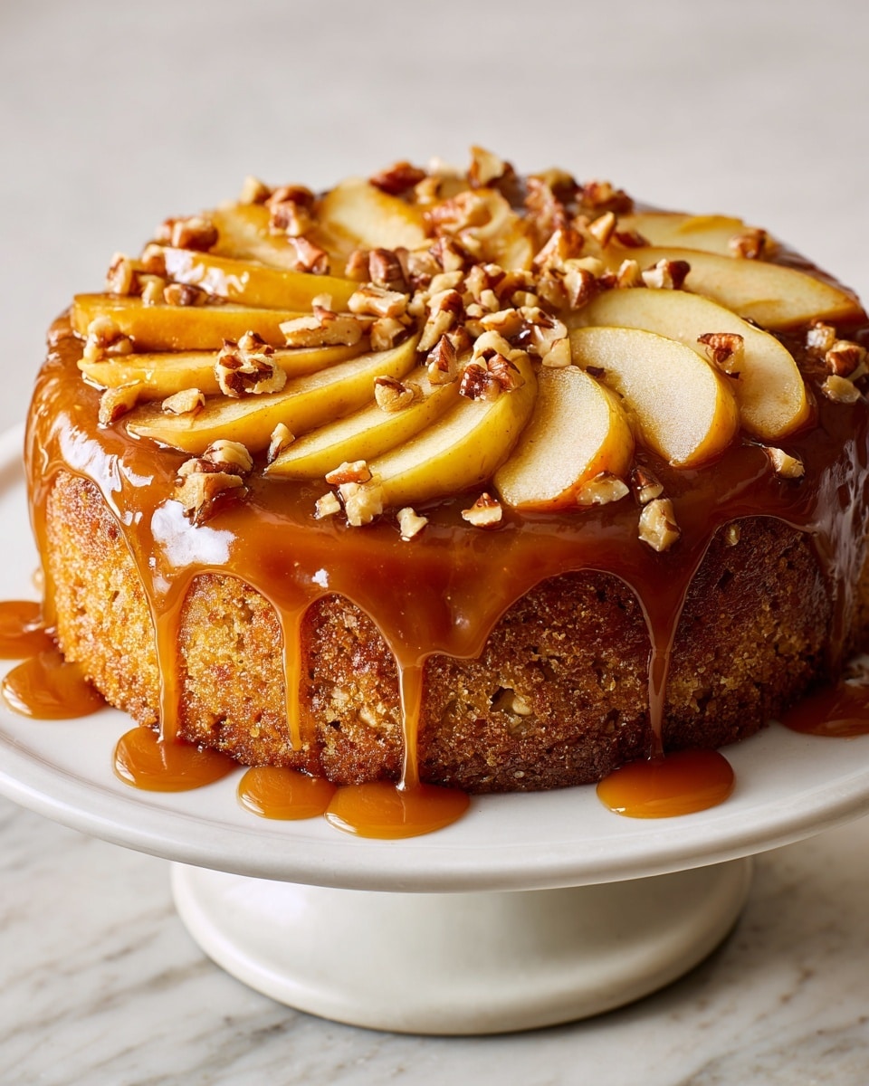 A single-layer round cake stands on a white cake stand with caramel sauce dripping down its golden brown, slightly crumbly sides. The top layer is covered with a glossy caramel glaze that seeps over the edges, holding thinly sliced light yellow and light brown apple pieces arranged in a fan shape. Small pieces of chopped nuts are scattered generously over the caramel and apples, adding texture and depth. The white marbled surface beneath the cake stand complements the warm colors of the dessert. photo taken with an iphone --ar 4:5 --v 7