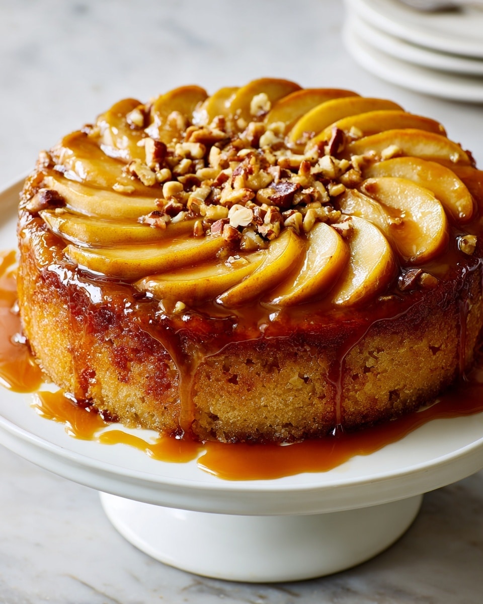 A round upside-down cake sits on a white cake stand over a white marbled surface, its thick golden brown base topped with a glossy layer of caramel sauce dripping over the sides. On top, there is a neat layer of thin, glazed apple slices arranged in a circular pattern, alternating with scattered small chopped nuts that add texture and contrast. The caramel glaze makes the apple slices shiny, and some sauce pools gently at the bottom around the cake stand. photo taken with an iphone --ar 4:5 --v 7