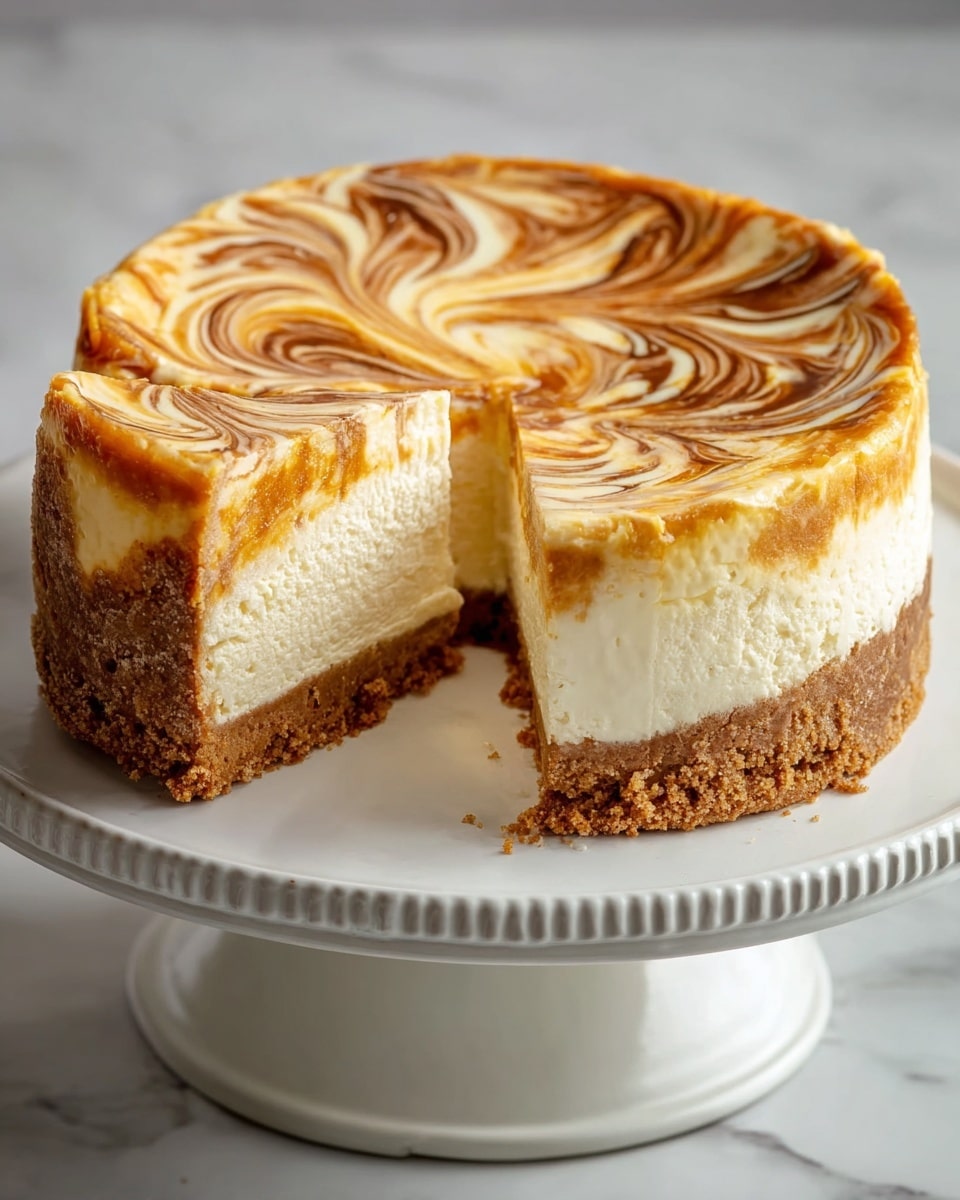 A round cheesecake with three layers is shown on a white cake stand with a detailed rim, placed on a white marbled surface. The bottom layer is a thick, crumbly brown crust. Above that is a thick cream-colored cheesecake layer with a smooth and dense texture. The top layer is a light cream swirled with brown caramel in a marbled pattern, covering the whole surface. One slice is missing, revealing the inside layers clearly. The photo taken with an iphone --ar 4:5 --v 7
