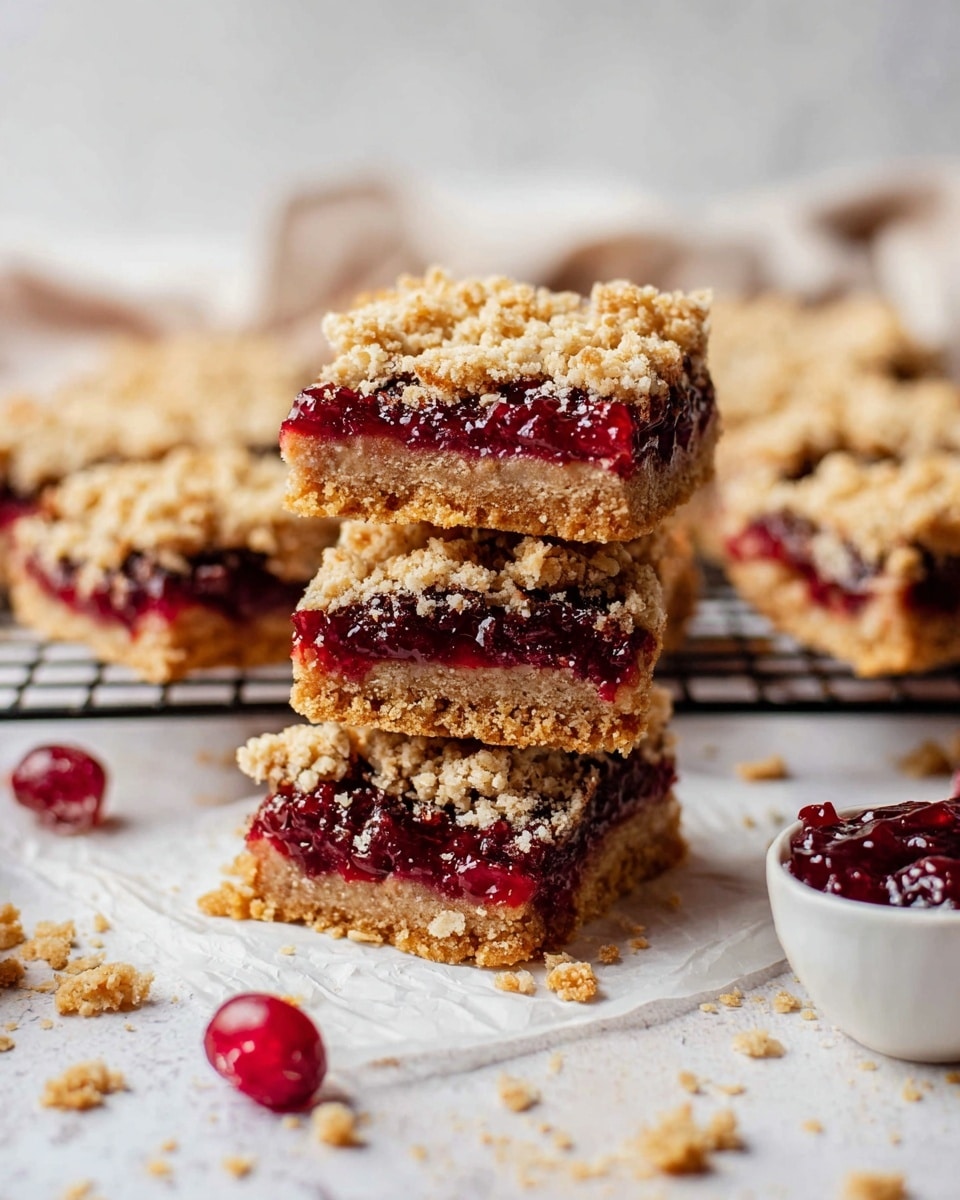 The image shows oat crumble bars arranged on a white marbled surface with a cooling rack underneath. Each bar has three clear layers: a light brown, crumbly oat base, a thick middle layer of deep red jam filling that looks sticky and glossy, and a top layer of coarse golden oat crumble. Two bars are stacked in the center, highlighting the jam layer's thickness and the crumb's crumbly texture. Nearby are scattered oat crumbs and a few bright red dried berries, adding color contrast. A small white bowl filled with matching red jam sits slightly blurred in the background, enhancing the focus on the bars. The overall setting is bright with soft lighting, creating a warm and inviting look. photo taken with an iphone --ar 4:5 --v 7