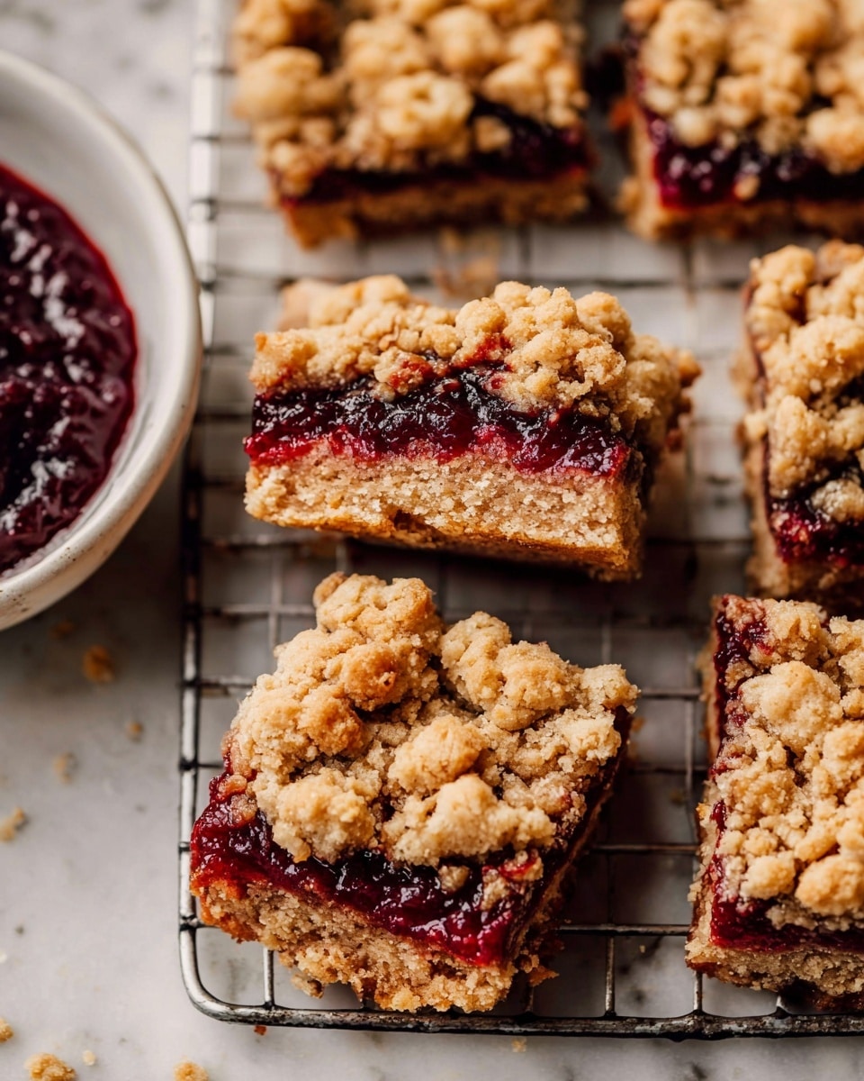 The image shows several square fruit crumble bars resting on a white marbled surface, with a cooling rack underneath. Each bar has three visible layers: the bottom is a dense golden-brown crust with a rough texture, the middle is a thick, glossy dark red fruit jam layer that looks sticky and rich, and the top is a chunky, crumbly golden topping with uneven large pieces. To the left, part of a white bowl filled with the same dark red jam is visible. The overall look is warm and homey, focusing on the distinct layers and textures of the bars. Photo taken with an iphone --ar 4:5 --v 7