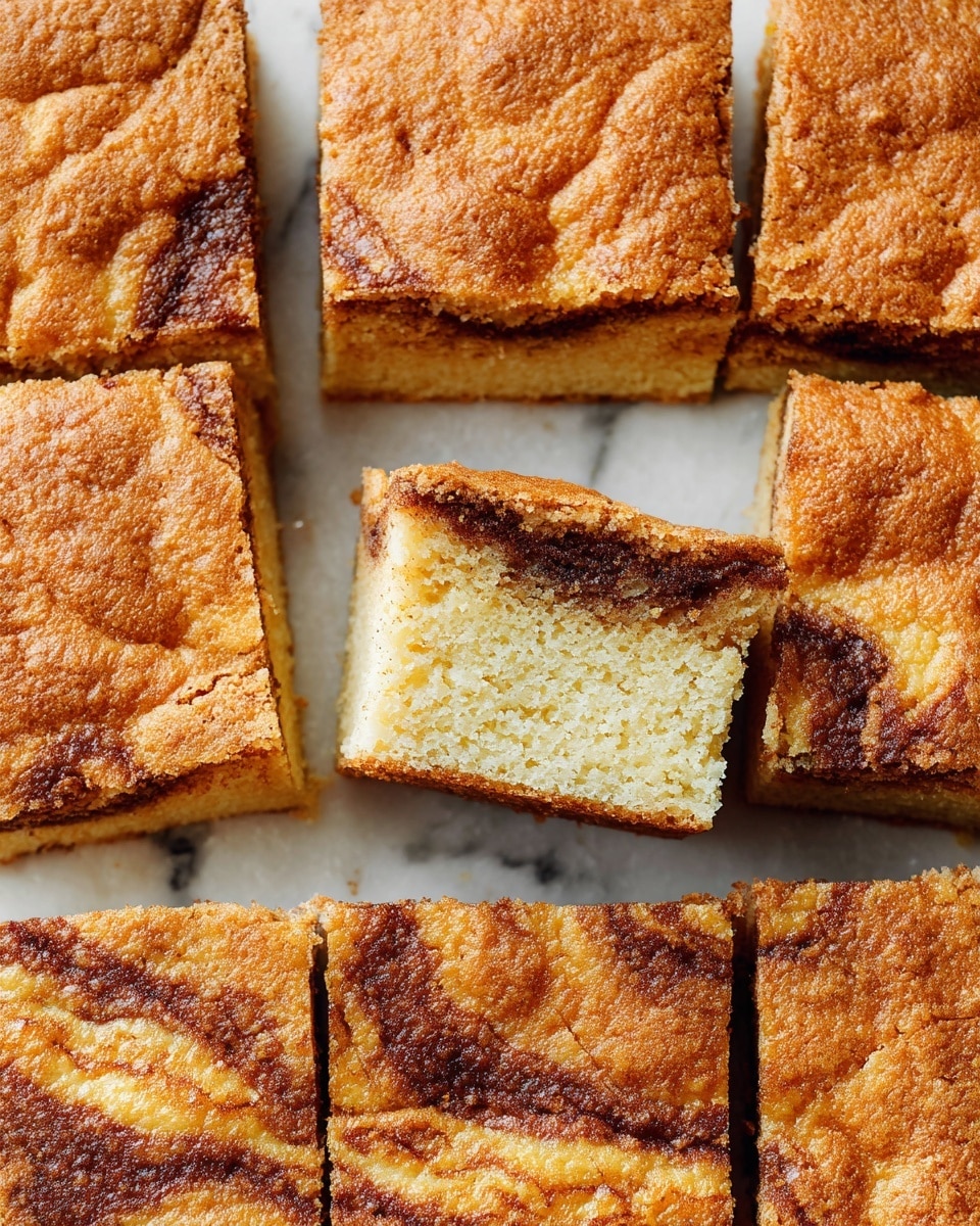 This image shows nine square-shaped blondies arranged closely on a white marbled texture. Each blondie has a golden brown top layer with a crunchy, slightly cracked texture, and a soft, pale yellow inside. The blondie in the center is turned on its side revealing two distinct layers: a thick, light yellow cake base topped with a thin, dark brown cinnamon swirl, creating a contrast in color and texture. The edges of the blondies are slightly darker brown, indicating a baked crust. photo taken with an iphone --ar 4:5 --v 7