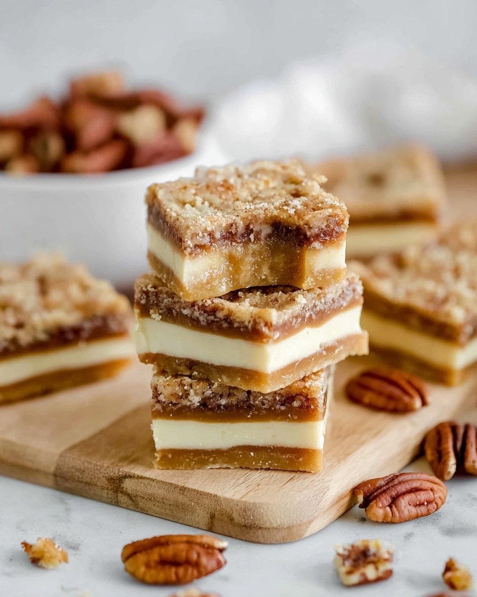 A stack of three square dessert bars on a wooden board, each bar has two thick layers: a creamy white bottom layer with a smooth texture, and a brown top layer with a soft, speckled texture that looks like it has tiny chocolate or nut pieces. The top bar is sprinkled with whole pecans. Around the stack, a few loose pecans are scattered on the wooden board, and the background has a soft, out-of-focus white marbled texture. photo taken with an iphone --ar 4:5 --v 7