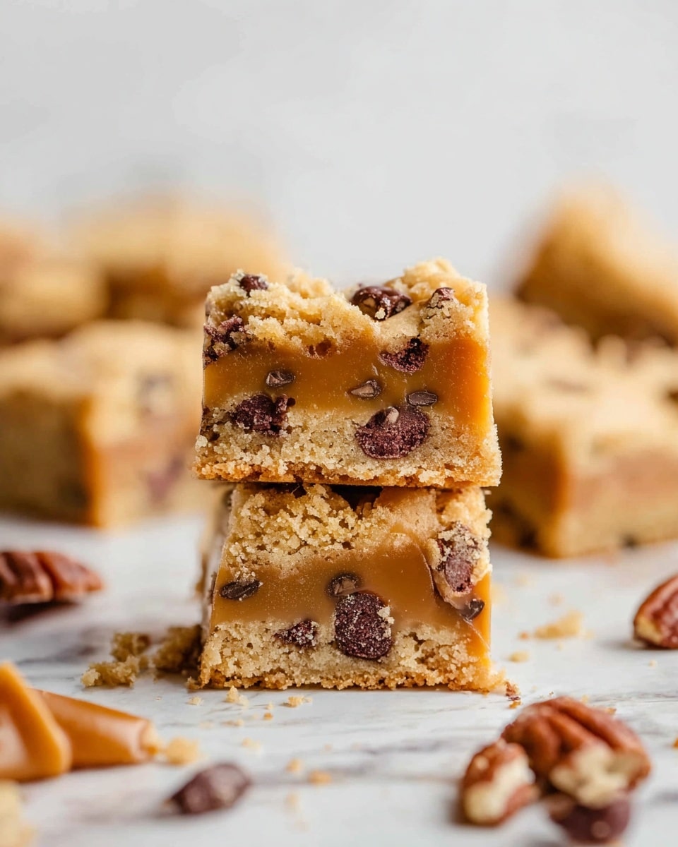A close-up of two stacked square blondie bars with three visible layers: the bottom and top layers are light golden brown with a soft, crumbly texture dotted with dark chocolate chips, while the middle layer is a smooth, rich caramel color that slightly melts out between the layers. Around the bars, small pieces of pecans and caramel chews scatter on a white marbled surface. In the background, several blurred blondie pieces create a warm, cozy setting. Photo taken with an iphone --ar 4:5 --v 7