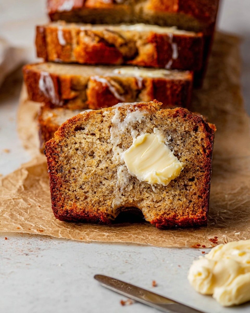 The image shows a thick slice of moist banana bread with a bite taken out on a piece of brown parchment paper over a white marbled surface. The banana bread has a golden brown crust and a soft, slightly grainy light brown interior. On top of the slice, there is a creamy layer of white butter partially melted, spreading unevenly. In the background, there is a stack of several more slices of banana bread with a drizzle of glaze on the edges. In the foreground, a silver knife lies on the white marbled surface with a dollop of the same creamy butter. photo taken with an iphone --ar 4:5 --v 7