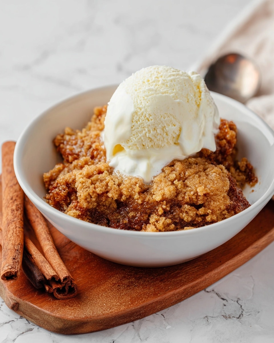 The image shows a white bowl filled with a warm, crumbly brown dessert that looks like a soft cake or crumble with a rough texture and golden-brown patches. On top of the dessert is a single scoop of creamy, pale vanilla ice cream beginning to melt slightly on the warm dessert surface. The bowl is placed on a wooden board with some cinnamon sticks beside it, all set on a white marbled texture. Photo taken with an iphone --ar 4:5 --v 7