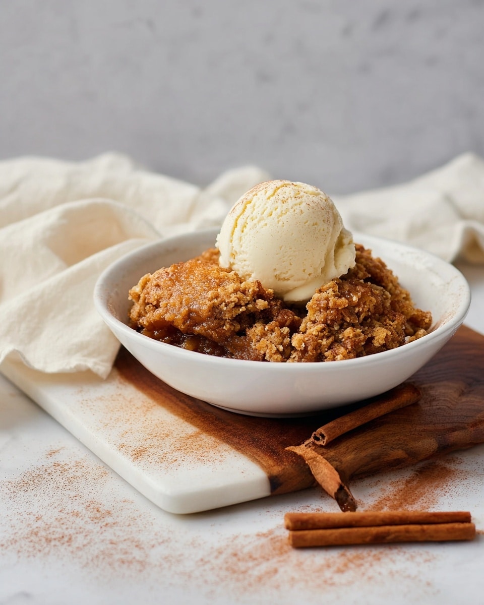 A white shallow bowl holds a single large serving of warm, crumbly brown dessert with a rough texture that looks like a baked apple cake or cobbler. On top rests a smooth, creamy scoop of pale vanilla ice cream with a soft shine. The bowl is set on a small wooden board dusted lightly with cinnamon powder, and three cinnamon sticks lie next to it on the white marbled surface. A cream-colored cloth is draped casually beside the bowl, and the background is plain gray, making the dessert the main focus. photo taken with an iphone --ar 4:5 --v 7