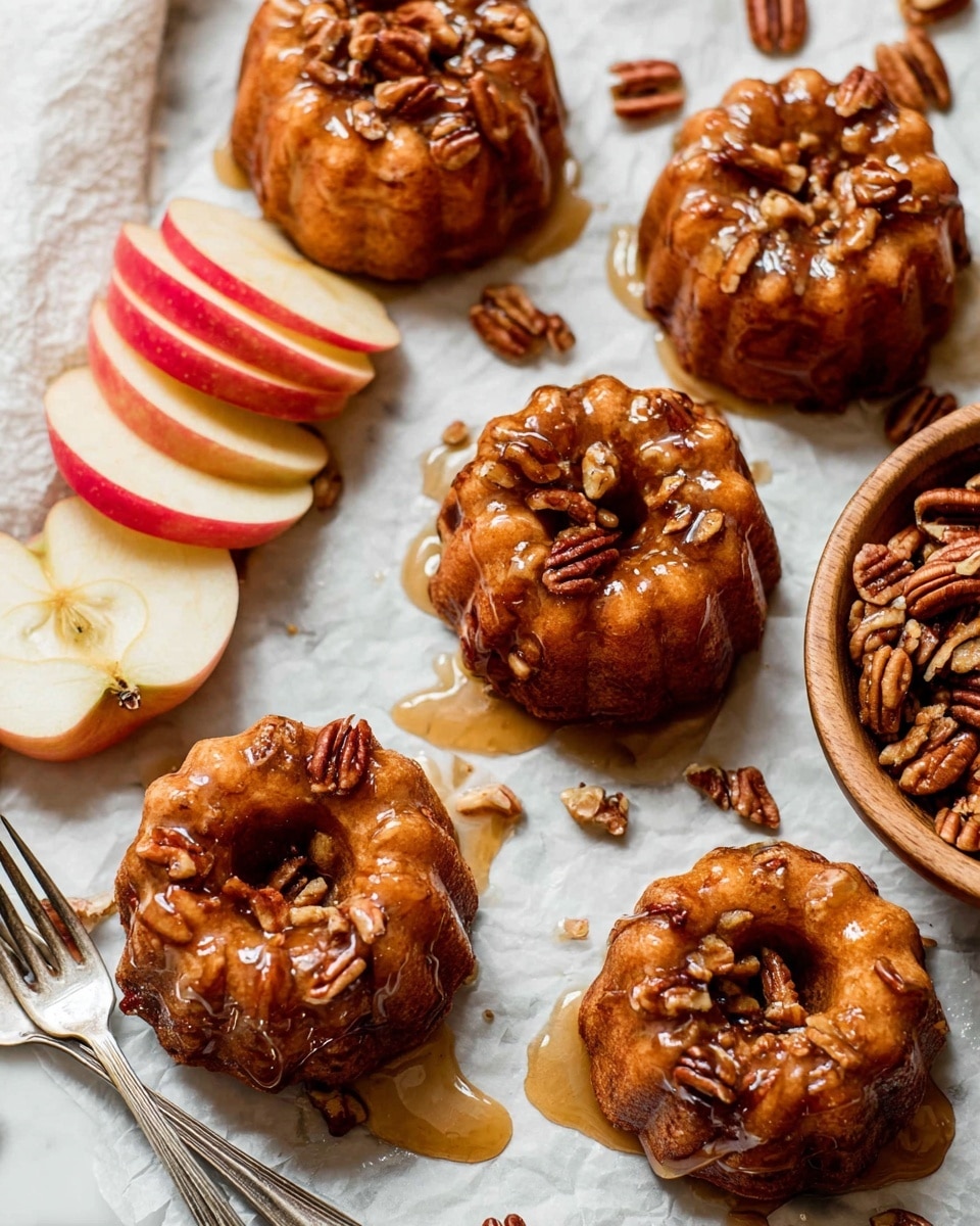 The image shows six small bundt cakes with a warm golden-brown color, topped with a sticky, glossy caramel glaze and scattered pecan pieces on top. The cakes have a shiny texture from the caramel sauce dripping down their sides. To the left, there are slices of red and yellow apple arranged neatly next to two silver forks. On the right side, a wooden bowl filled with more pecan halves is partially visible. Everything is set on a sheet of parchment paper placed on a white marbled surface. Photo taken with an iphone --ar 4:5 --v 7
