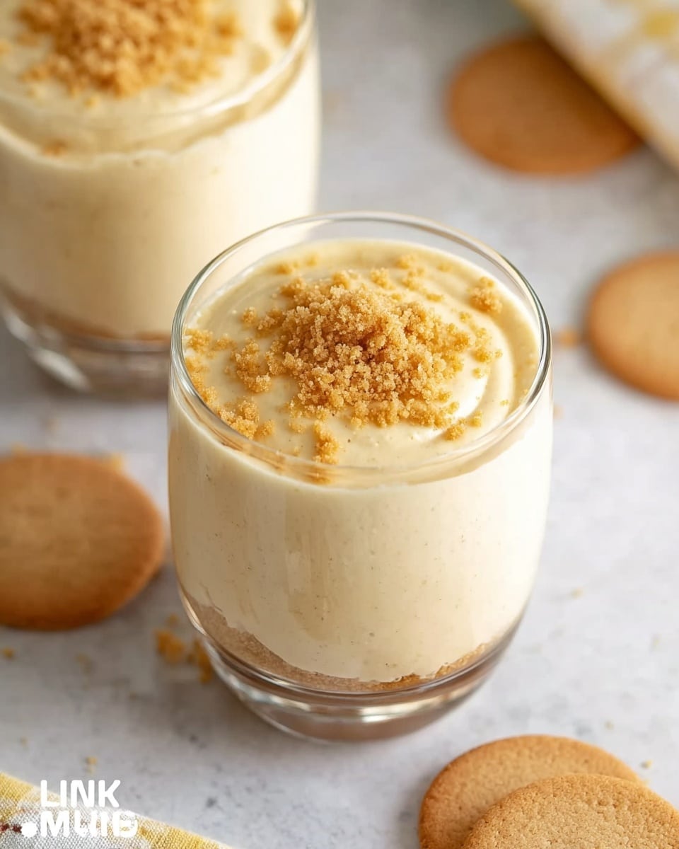 A clear glass filled with two layers of creamy light beige pudding, topped with a sprinkle of crushed light brown cookie crumbs. The pudding has a smooth, fluffy texture with gentle swirls on the top layer. The glass is placed on a white marbled surface with a few plain round beige cookies scattered around. In the background, another similar glass of pudding is partially visible. photo taken with an iphone --ar 4:5 --v 7