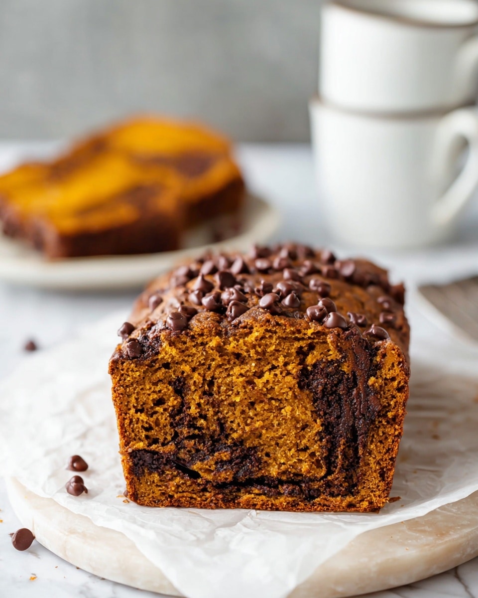 A thick slice of moist pumpkin bread with dark swirls of melted chocolate spread throughout the orange-brown crumb, topped generously with small chocolate chips, sits on white parchment paper on a white marbled surface. The slice shows a dense yet soft texture with a slightly cracked top crust covered in scattered chocolate chips. In the background, there is a blurred white plate holding another slice and two stacked white mugs with curved handles, adding a cozy setting to the scene. photo taken with an iphone --ar 4:5 --v 7