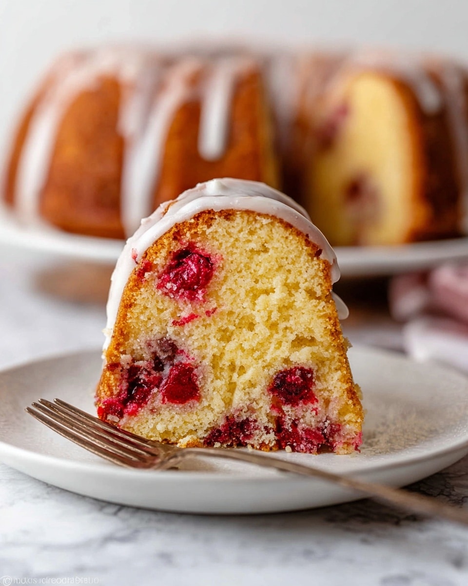 A close-up image of a slice of bundt cake on a white plate with a silver fork. The cake has three visible layers: the outer layer is golden brown and slightly crispy, the inner cake is light yellow with a soft, crumbly texture, and scattered throughout are bright red berries creating pop colors against the yellow cake. The top of the slice is drizzled with a smooth white glaze that flows slightly down the sides. The background shows the rest of the bundt cake blurred out on a white plate, all set on a white marbled surface. Photo taken with an iphone --ar 4:5 --v 7