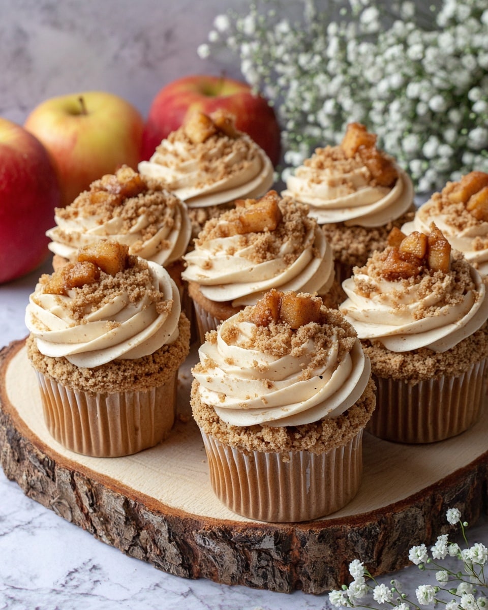 A set of six cupcakes sits closely together on a rustic wooden slab with bark edges. Each cupcake has a golden brown base topped with one thick swirl of light beige cream frosting that has subtle specks of brown, giving it a textured look. On top of the frosting, there are small chunks of caramelized apple pieces mixed with light brown crumbly streusel scattered generously, adding a rough texture and a warm color contrast. In the background, several red and yellow apples and a bunch of small white flowers are visible, placed on a white marbled surface. photo taken with an iphone --ar 4:5 --v 7