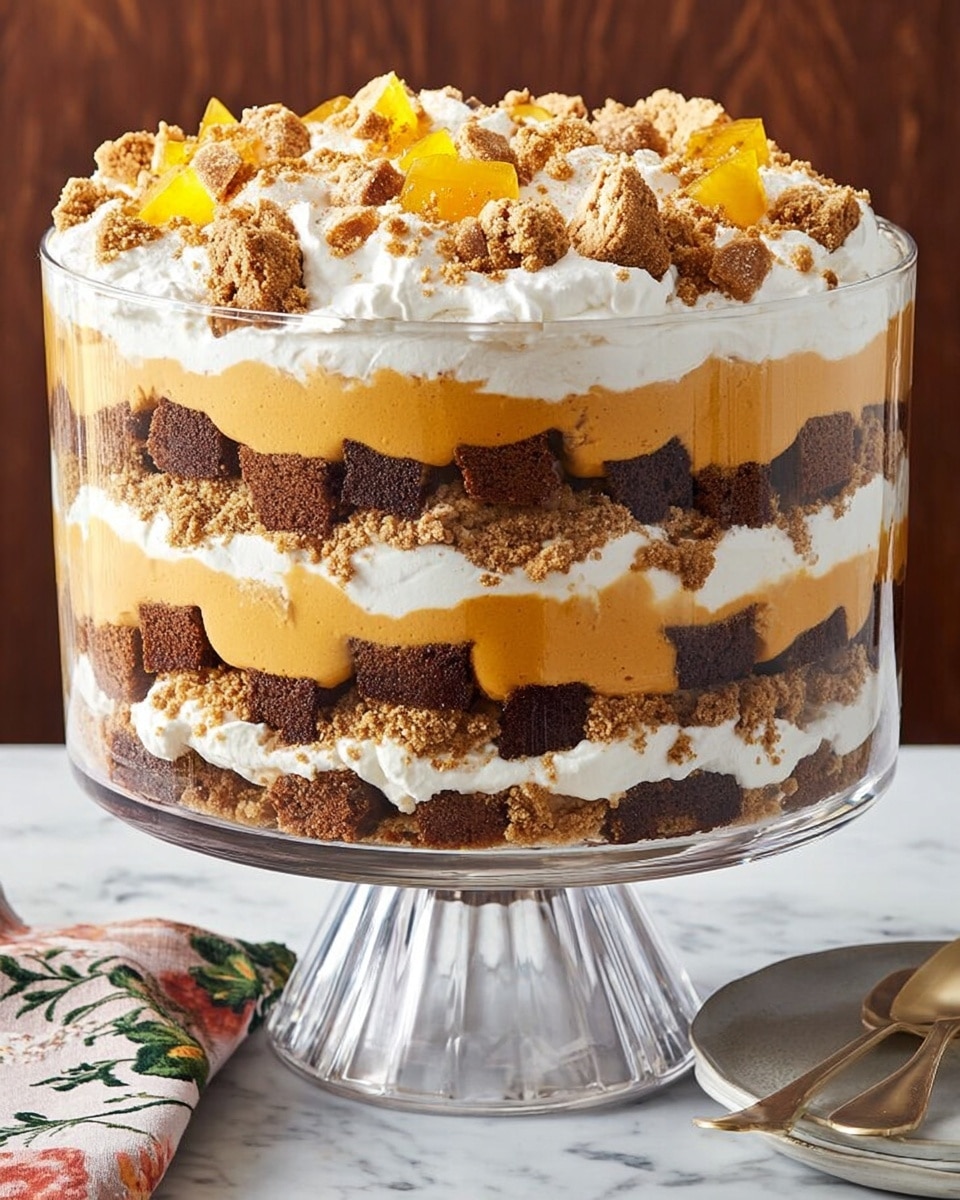 A tall glass trifle bowl on a white marbled surface holds a layered dessert with four clear visible layers. At the bottom, there are dark brown cake cubes packed closely together. Above that is a thick, smooth layer of light orange cream with a velvety texture. Next, a layer of broken brown cookie crumbs is spread evenly, topped by a thick band of pure white whipped cream. Above it, another layer of light orange cream is placed, followed by another layer of dark brown cake cubes like the bottom. The dessert is finished with a thick, fluffy white whipped cream topping scattered with small chunks of light yellow fruit and crumbled brown cookies. Photo taken with an iphone --ar 4:5 --v 7