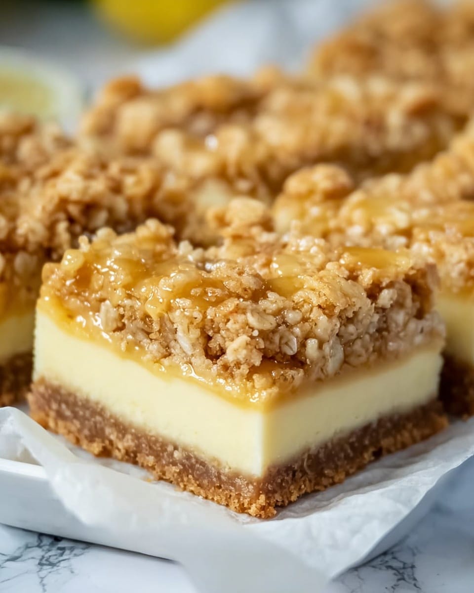 The image shows a close-up of a square dessert bar with three clear layers. The bottom layer is a light brown, firm crust with a crumbly texture. The middle layer is a thick, smooth, creamy pale yellow filling. The top layer consists of a golden brown, chunky oat crumble with some sticky glaze drizzled over it, giving it a glossy look. The dessert squares are placed closely together on white parchment paper inside a white dish, all set on a white marbled surface. Photo taken with an iphone --ar 4:5 --v 7