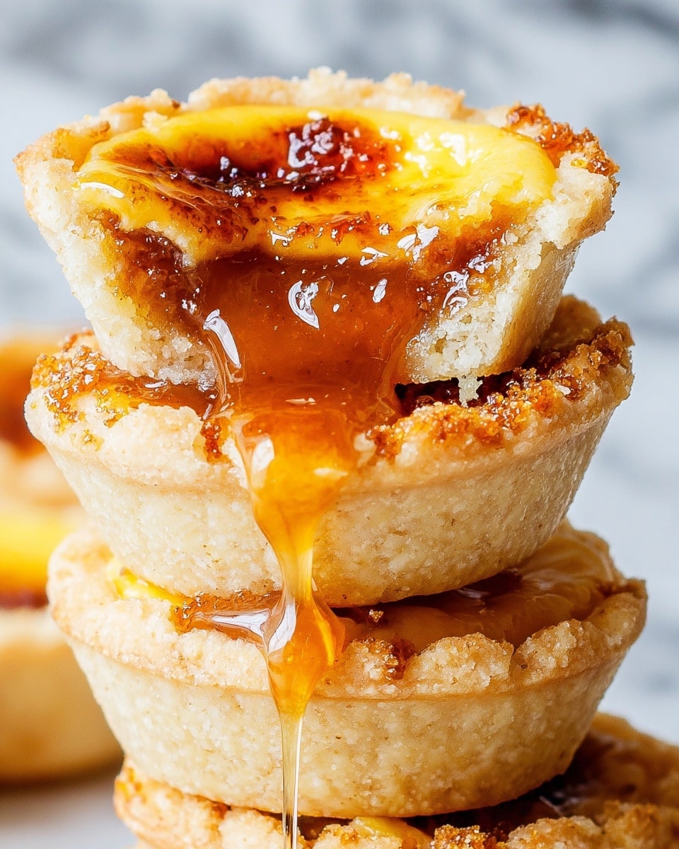 A close-up view of a stack of three golden-brown custard tarts with thick, crumbly, light beige crusts forming the bottom layer. The top tart is broken open, showing a smooth, glossy, caramelized orange-brown custard filling that is bubbling and flowing out in thick amber syrup, dripping down the sides of the tarts below. The custard has a rich, creamy texture with a slightly burnt surface layer. The background is a white marbled texture. Photo taken with an iphone --ar 4:5 --v 7
